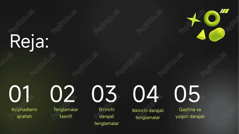 ishda muhim roldan o’tkazib yuboradi. bu formulalar kubik hadlarni soddalashtirish uchun ishlatiladi. amaliy qo’llanish bu usullar alohida ko‘phadlarni tezkor faktorlash uchun ishlatiladi. masalan, geometriya va algebra muammolarda bu usullar muhim hisoblanadi. 02 tenglamalar tasnifi tenglama nima va ular qanday tasniflanadi 01 tenglama tushunchasi tenglama ikki algebraik ifoda o‘rtasidagi tenglikni bildiruvchi matematik iboradir. tenglama o‘zgaruvchilar orqali ifodalangan va ularning qiymatlarini topish maqsadga ega. 02 tasnif usuli tenglamalar o‘zgaruvchilar soni, darajasi va ko‘rinishiga ko‘ra tasniflanadi. bir o‘zgaruvchili va ko‘p o‘zgaruvchili tenglamalar, chiziqli va chiziqli bo‘lmagan tenglamalar asosiy guruhlardir. 03 yechish usullari tenglamalar tasnifi ularni yechish usullarini tanlashda asosiy rol o‘ynaydi. har bir guruh uchun maxsus yechish usullari mavjud. darajasi bo‘yicha tenglama turlari darajasi tenglamaning darajasi uning o‘zgaruvchidagi eng yuqori darajali hadning darajasiga teng bo‘ladi. darajasi tenglama xulq-atvori va yechimlar sonini belgilaydi. turlar boshlang‘ich darajali tenglamalar nol, birinchi va ikkinchi darajalilar bo‘lib ajraladi. yuqori darajali tenglamalar esa uchinchi va undan yuqori darajaga ega …