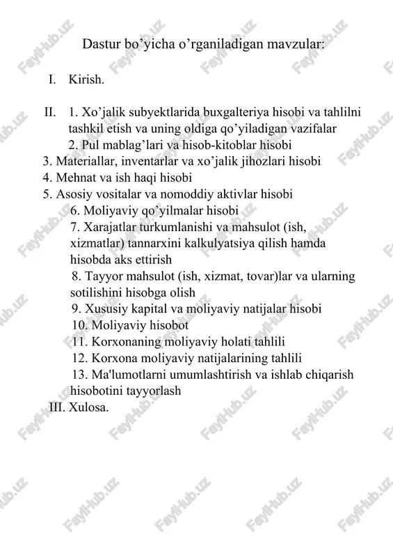 gi kun talabidir. islohotlarning izchil olib borilishi mamlakatimizda hisob tizimini xalqaro standartlariga moslashtirilishiga imkon berdi. ishlab chiqarish amaliyoti o’zbekiston respublikasi prezidentining 2017 yil 27 iyuldagi “oliy ma’lumotli mutaxassislar tayyorlash sifatini oshirishda iqtisodiyot sohalari va tarmoqlarining ishtirokini yanada kengaytirish chora-tadbirlari to’g’risida”gi pq-3151-son qarori, o’zbekiston respublikasi oliy va o’rta maxsus ta’lim vazirligining “o’zbekiston respublikasi oliy o’quv yurtlarida talabalarning ishlab chiqarish amaliyoti to’g’risidagi” nizom asosida o’tkaziladi. amaliyot dasturi 5230900 – “buxgalteriya hisobi va audit” bakalavriat yo’nalishi uchun malaka talabi, namunaviy va ishchi o’quv rejalari asosida ishlab chiqilgan ishlab chiqarish amaliyotini o’tkazishdan asosiy maqsad xo’jalik yurituvchi subyektlarning ish faoliyati bilan tanishish va o’qish jarayonida olgan nazariy bilimlarimizni mustahkamlash va ularni amaliyotga joriy etish bo’yicha amaliy ko’nikmalarni shakllantirish hisoblanadi. ishlab chiqarish amaliyotining asosiy vazifasi xo’jalik yurituvchi subyektlar faoliyatini va ular tomonidan olib boriladigan xo’jalik operatsiyalarni rasmiylashtirish va amalga oshirishni tashkil etilishini hamda ular asosida nazariy bilimlarini amaliyotga tadbiq etishni o’rganishdan iboratdir. shuningdek, asosiy maqsad “poytaxt …