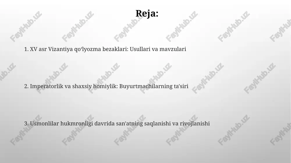 n, ayniqsa, fon uchun, bu ilohiy nurni va abadiylikni ifodalash uchun xizmat qilgan. ranglar ramziy ma'noga ega edi. 15-asrda ikonografiya kanonlari qat'iy rioya qilingan, shu bilan birga, inson tanasining anatomiyasiga va perspektivaga e'tiborning ortishi kuzatilgan. diniy sahnalar: injil hikoyalari va avliyolar hayoti 15-asr vizantiya qoʻlyozmalarida injil sahnalari, xususan, iso masihning moʻjizalari tasvirlangan boʻlib, ular ikonografik anʼanalarga mos keladi. muqaddaslarning hayoti tasvirlangan sahnalar, masalan, avliyo georgiyning ajdahoga qarshi kurashi kabi epizodlar, oʻsha davrning ma'naviy e'tiqodlarini aks ettiradi. imperator portretlari va homiylik: san'atda hokimiyat ifodasi imperator portretlari ko'pincha oltin fonda tasvirlangan, bu ularning ilohiy aloqasini va dunyoviy hokimiyatdan yuqori maqomini ifodalagan, masalan, imperator ioann viii paleologning tasviri. homiy imperatorlar yangi cherkovlar qurish yoki mavjudlarini bezash orqali o'z hokimiyatini namoyish etishgan, bu esa ularning obro'sini oshirib, siyosiy ta'sirini mustahkamlagan. bezak elementlari: naqshlar, chegaralar va bosh harflar bezak elementlarida naqshlar geometrik shakllar (masalan, doiralar, to'rtburchaklar) va o'simlik motivlari (barglar, gullar) asosida 12-15-asrlarda yaratilgan murakkab …