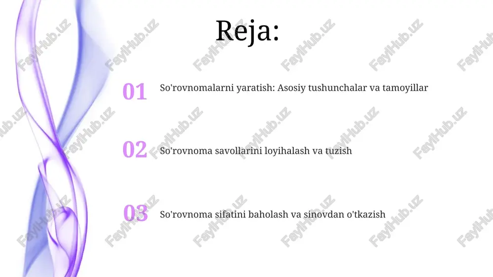 idan iborat bo'lgan pilot guruh yordamida amalga oshiriladi. takomillashtirish bosqichida, sinov natijalari asosida savollar qayta ko'rib chiqiladi, til aniqligi oshiriladi va respondentlarning tushunishiga xalaqit beradigan noaniqliklar bartaraf etiladi. ko'pincha, bir necha iteratsiyalar talab etiladi. e'tiboringiz uchun rahmat image4.png image1.jpeg image2.jpeg image3.jpeg