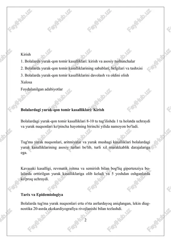 iladi. tug'ma yurak nuqsonlari tug'ma yurak nuqsonlari orasida eng ko'p uchraydigani qorinchalararo to'siq defektidir (vsd), bu taxminan 30-40% holatlarni tashkil etadi va operatsiya talab qilishi mumkin. fallot tetradasi kabi murakkab nuqsonlar to'rtta alohida anomaliyani o'z ichiga oladi, jumladan o'pka torayishi va qorincha septumining defekti, erta operatsiyani talab etadi. ochiq arterial yo'li (pda) - bu tug'ilgandan keyin yopilishi kerak bo'lgan qon tomir, va agar yopilmasa, indometazin yoki jarrohlik usuli bilan davolanishi lozim. ortirilgan yurak kasalliklari koarktatsiya aortasi, taxminan har 2500 ta tug'ilishdan 1 tasida uchraydi, aorta qisqarishi bo'lib, yuqori qon bosimiga va pastki tanada qon oqimining kamayishiga olib keladi. fallot tetralogiyasi, to'rtta nuqsonni o'z ichiga oladi, jumladan, qorinchalararo nuqson va o'pka stenozini, bolalarda sianotik tug'ma yurak kasalliklarining taxminan 10 foizini tashkil qiladi. transpozitsiyasi magistral tomirlarida aorta o'pka arteriyasidan noto'g'ri chiqadi, kislorodlangan va kislorodsiz qonning noto'g'ri aylanishiga olib keladi, jarrohlik aralashuvisiz hayot uchun xavfli. revmatik isitma va yurak kasalliklari revmatik isitma ko'pincha …