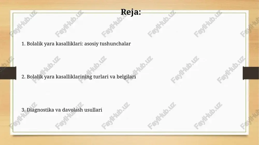 kin. diagnostika diagnostika ko'pincha klinik tekshiruv, qon testlari (masalan, cbc, esr, crp) va najas namunalarini o'z ichiga oladi, bu yallig'lanish va infektsiyani aniqlashga yordam beradi. kolonoskopiya - bu muhim diagnostika vositasi bo'lib, shifokorga ichakning ichki qismini ko'rish va gistologik tekshiruv uchun biopsiya olish imkonini beradi, bu esa kasallik turini aniqlaydi. differensial diagnostika yara kasalligidan farqli o'laroq, kron kasalligi ko'pincha granulomalarni (yallig'langan hujayralar to'plami) o'z ichiga oladi, bu biopsiya paytida ajratishga yordam beradi, taxminan 20-35% hollarda uchraydi. infektsion kolit, masalan, *shigella* yoki *campylobacter* keltirib chiqaradigan kolit, yara kasalligi bilan taqlid qilishi mumkin, ammo najas madaniyatini o'tkazish patogenni aniqlashi mumkin. asoratlar asoratlar, yara kasalliklarida, o'tkir qon ketishiga olib kelishi mumkin, bu esa 5-10% hollarda xavfli bo'lib, tez tibbiy yordam talab etadi. perforatsiya, ya'ni yara devorining teshilishi, 1-3% hollarda kuzatiladi va peritonga olib kelishi mumkin, bu esa shoshilinch operatsiya zarurligini anglatadi. davolash tamoyillari davolashning asosi – kasallikning og'irligiga qarab, 5-asa preparatlari (masalan, mesalazin) …