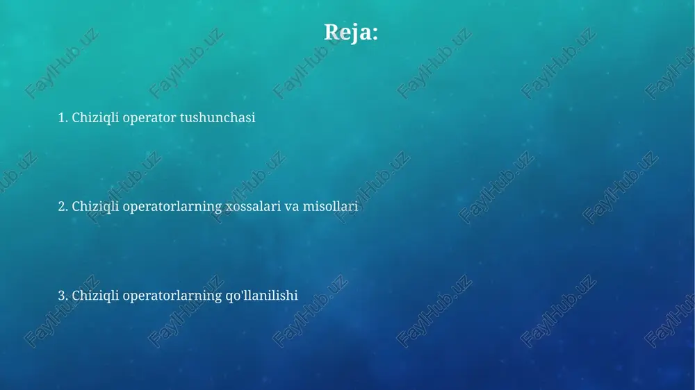 ) = 0} ko'rinishida ifodalanadi, bu nol fazosini aniqlaydi. tasvir sohasi - bu operatorning ta'siri ostida hosil bo'lgan barcha vektorlar to'plami, ya'ni {t(v) : v ∈ v}, bu t operatorning chiqish fazosining bir qismidir. xos qiymatlar va xos vektorlar xos qiymatlar λ matritsaning a xos vektorini av = λv tenglama orqali ko'paytirish natijasida o'z yo'nalishini saqlagan holda o'zgartiradi. agar a matritsaning xos qiymati 0 bo'lsa, demak a singular matritsa bo'lib, uning determinanti nolga teng, ya'ni teskari matritsasi mavjud emas. chiziqli operatorlarni qo'llash chiziqli operatorlar kvant mexanikasida muhim rol oʻynaydi, masalan, energiyani ifodalovchi gamilton operatori 1-darajali chiziqlilik xususiyatiga ega. tasvirlarni qayta ishlashda chiziqli operatorlar xususiyatlarni ajratish uchun ishlatiladi, masalan, laplas operatori tasvirdagi 2-tartibli o'zgarishlarni aniqlaydi. e'tiboringiz uchun rahmat image2.png image5.jpg image6.jpg image7.jpg image8.jpg image9.jpg image10.jpg image11.jpg