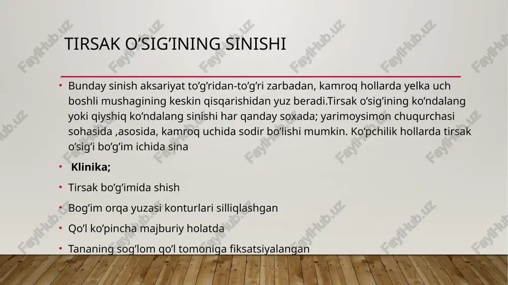 1% ini tashkil qiladi. u tirsak bo’g’imiga yiqilganda sodir bo’ladi. klinika; shish tirsak chuqurlari konturlari tekislashgan qattiq og’riq sababli bilaknig maksimal bukilishi chegaralangan pronatsiya va supsinatsiya buzilmagan tojsimon o’siq sohasida og’riq diagnostika yon tomonlama va qiyshiq (3/4) proyeksiyalarida rentgenografiya davolash. bo’laklari surilmagan tojsimon o’siq sinishi konservativ davolanadi.tirsak bo’g’imida bukilgan qo’lga yelka suyagining 1/3 yuqori qismidan to kaftning barmoq bo’g’imlarigacha gipsli bog’lam qo’yiladi. tojsimon o’siq bo’laklari ko’p surilgan hollarda jarrohlik usuli qo’’laniladi;ochiq repozitsiya va o’siq fiksatsiya qilinadi bilak suyagi boshchasi va bo’yning sinishi bilak suyagi boshchasi va bo’ynining sinishi bevosita travma oqibatida yozilgan qo’l bilan yiqilganda paydo bo’ladi. buning natijasida bilak suyagining boshchasi ylkaning boshsimon do’ngiga katta kuch bilan uriladi. klinika: yelka –bilak proyeksiyasi ustida yaqollroq ko’rinadigan shish aniqlanadi. og’riq aktiv harakat cheklanishi bilak suyagining boshchasi pronatsiya va supsinatsiyada qatnashmaydi. diagnostika ikki proyeksiyada rentgenografiya davolash bilak suyagining boshchasi va bo’yning surilmagan yoki oz miqdorda surilgan hollarda kaft-barmoq birikmalaridan yelkaning o’rtasigacha gipsli …