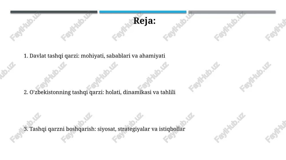 i bo'lishi xavfli hisoblanadi, chunki bu to'lov qobiliyatiga ta'sir qiladi. qarzning eksportga nisbati, masalan 100% dan oshsa, qarzni qaytarish uchun eksport tushumlari yetarli emasligini ko'rsatadi va xavotir uyg'otadi. o'zbekistonning tashqi qarz dinamikasi o'zbekistonning davlat tashqi qarzi 2023-yilga kelib yalpi ichki mahsulotning (yaim) qariyb 40% ini tashkil etdi, bu ko'rsatkich davlat investitsiya dasturlarini moliyalashtirish uchun o'sish tendentsiyasini aks ettiradi. 2017-yildan boshlab, o'zbekiston tashqi qarzining sezilarli o'sishi kuzatildi, bu asosan infratuzilma loyihalarini, jumladan, transport va energetika sohalarini rivojlantirish maqsadida jalb qilingan xalqaro kreditlar bilan bog'liq. o'zbekistonning tashqi qarz tarkibi (kreditorlar va valyutalar) o'zbekistonning tashqi qarz tarkibida ko'p tomonlama kreditorlar (osiyo taraqqiyot banki, jahon banki) sezilarli ulushga ega bo'lib, umumiy qarzning 40% dan ortig'ini tashkil etadi. tashqi qarz valyuta tarkibida aqsh dollari ustunlik qiladi, qariyb 60% qarz ushbu valyutada ifodalangan, bu esa valyuta xavfini boshqarish zaruratini oshiradi. tashqi qarzning iqtisodiyotga ta'siri tashqi qarzning ortishi milliy valyuta devalvatsiyasiga olib kelishi mumkin, bu esa import …