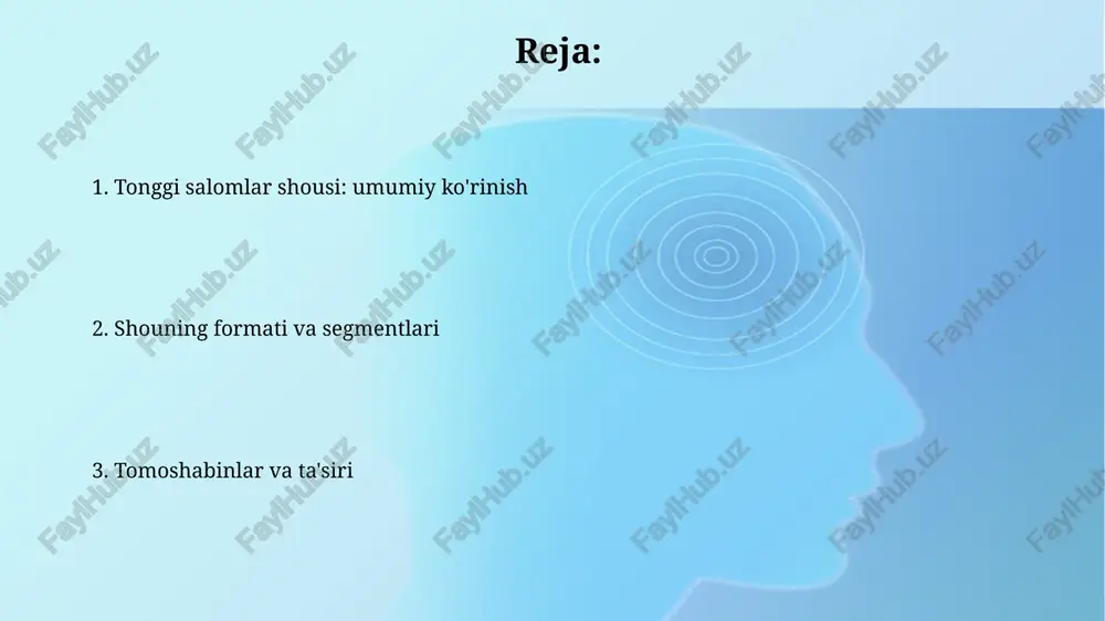 avomida efirga uzatilib, jamiyatdagi muammolarni ochib berish va ularga yechim topishga qaratilgan debat platformasi sifatida xizmat qilgan. ko'rsatuvda 5-7 nafar ekspertlar ishtirok etib, dolzarb ijtimoiy masalalarni muhokama qilishadi va har bir mavzu bo'yicha 3-4 xil qarashlarni yoritishga harakat qilishadi. kelajak tendentsiyalari kelajakda sun’iy intellekt (ai) va mashinali o‘rganish (ml) texnologiyalari ommaviy axborot vositalarida kontentni yaratish, tahrirlash va tarqatish jarayonlarini avtomatlashtiradi, samaradorlikni 30% oshiradi. shaxsiy kontent iste’moli tendensiyasi ortib boradi, bu esa ma’lumotlar tahlili va auditoriya segmentatsiyasiga asoslangan moslashtirilgan ko‘rsatuvlar va reklamalarning 45% gacha o‘sishiga olib keladi. e'tiboringiz uchun rahmat image2.png image3.jpg image4.jpg image5.jpg image6.jpg image7.jpg image8.jpg image1.png