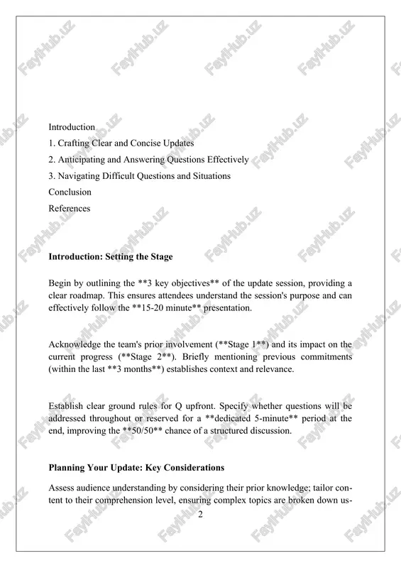 ask, 8 words, action, 12 words, and then, what happened to make it clear. divide updates into logical sections with descriptive headings. for example, 'progress on phase 2' ensures quick navigation, using 5-10 words in each section to optimize comprehension. visual aids: enhancing your presentation utilizing visuals like charts and graphs, specifically the “8x8 rule”, limits text on each slide, enhancing audience comprehension by presenting data-driven insights effectively. animations and transitions, when employed judiciously, maintain audience engagement; however, overusing more than 2-3 types per presentation distracts from the core message. consistent branding in visuals, using a maximum of 2-3 colors, reinforces professional image; consider accessibility for colorblind individuals using online color blindness simulators. delivery techniques: engaging your audience incorporate 'storytelling' techniques by using relatable anecdotes within the first 5 minutes. this helps humanize data and create a memorable, emotionally resonant connection with your audience. employ the '10/20/30 rule': 10 slides, …