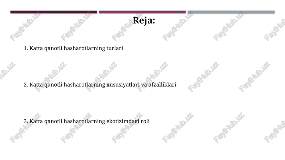 ng biologik xilma-xilligi yuqori, nam muhit esa rivojlanish uchun idealdir. avstraliya va yangi gvineyada keng tarqalgan katta qanotli turlar mavjud bo'lib, ularning tarqalishi o'simliklar turlarining xilma-xilligi va mo'l resurslar bilan bog'liq bo'lishi mumkin. oziqlanish va xulq-atvori ba'zi yirik qanotli hasharotlar, masalan, ninachilar, faqat o'ljalarni ovlaydi va havoda ushlaydi. voyaga yetgan ninachilar 100 dan ortiq mayda hasharotlar bilan oziqlanishi mumkin. katta qanotli hasharotlar, xususan, kapalaklar, gul nektarini so'rish uchun uzun xartumdan foydalanadi. bu xatti-harakat ularning reproduktiv muvaffaqiyatini ta'minlaydi. hayot sikli va rivojlanishi qanotli hasharotlar metamorfozi tuxum, lichinka, g'umbak va imago (voyaga yetgan) kabi 4 bosqichdan iborat bo'lib, har bir bosqich shakl va vazifada sezilarli o'zgarishlarni ko'rsatadi. qanotli hasharotlar lichinkalik davrida ko'p miqdorda oziq moddalarini to'plab,voyaga yetgan davrida ko'payish uchun zarur energiyani ta'minlaydi. lichinkalik davrida bir necha marta tullash jarayoni sodir bo'ladi. ekologik ahamiyati katta qanotli hasharotlar detrit bilan oziqlanish orqali ekotizimlarda muhim rol o'ynaydi, organik moddalarning parchalanishini tezlashtiradi va 15-25% ga …