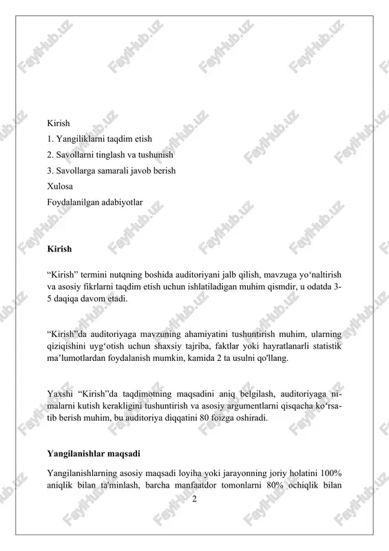lmani rejalashtirish tuzilmani rejalashtirishda birinchi qadam loyiha maqsadlarini aniq belgilash, ya'ni smart kriteriyalari: 10 ta qonuniy, aniq, erishiladigan, real va vaqt bilan bog'liq maqsadlar. resurslarni boshqarish tizimi, masalan, jira, tuzilmani rejalashtirish uchun muhim, chunki u vazifalarni taqsimlash, 7 xodim ishtirokini kuzatish va 24 soat ichida muammolarni hal qilishga yordam beradi. risklarni baholash jarayoni tuzilmani rejalashtirishning ajralmas qismi bo'lib, unda potentsial xavflarni aniqlash, 5 ta ehtimoliy ta'sirni baholash va ularni bartaraf etish strategiyalari ishlab chiqiladi. vizual yordam “vizual yordam” taqdimotlar vaqtida ma’lumotni yanada tushunarli qilish uchun ishlatiladigan grafikalar, diagrammalar va rasmlarni o‘z ichiga oladi, bu 25 foizga samaradorlikni oshirishi mumkin. vizual yordamlar, masalan, infografikalar yoki slaydlardan foydalanish auditoriyaning diqqatini jalb qilib, umumiy tushunish darajasini 30-40 foizga ko‘tarishi mumkin, natijada yuqori baholash ko‘rsatkichlari kuzatiladi. vizual yordamlarni, jumladan jadvallar, grafiklar va 3d modellarni qo‘llash murakkab ma’lumotlarni soddalashtiradi va auditoriya xotirasini 20 foizga yaxshilashga yordam beradi. ishonchli yetkazib berish "ishonchli yetkazib berish"da kpi (key …