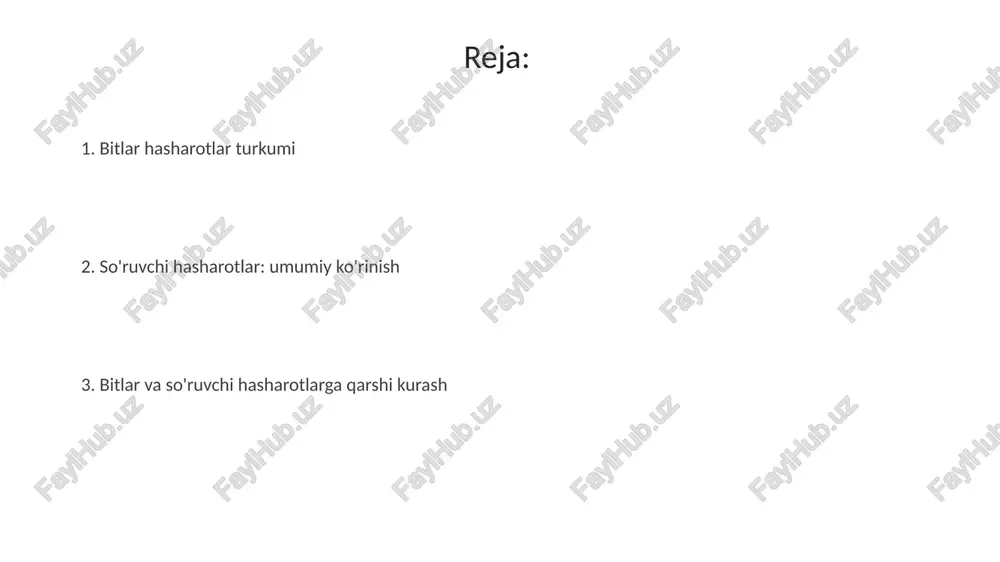 odamlarda uchraydi, boshqa hayvonlarda emas. bitlarning odamga ta'siri bitlar odamga teri qichishini keltirib chiqaradi, bu esa tirnalishga olib keladi va bakterial infeksiya xavfini oshiradi, ayniqsa pedikulyozning og'ir holatlarida. ba'zi bit turlari, masalan, kiyim bitlari, odamga qaytalanma tif va xandaq isitmasi kabi xavfli kasalliklarni yuqtirishi mumkin, bu esa jiddiy oqibatlarga olib kelishi mumkin. bitlarga qarshi kurash usullari sochlarni sirka eritmasi (3% li) bilan yuvish bitlarning tuxumlarini (nidalarni) eritib, sochdan osonroq olib tashlashga yordam beradi, jarayonni 5-7 kunda takrorlash kerak. bitlarni yo'qotish uchun permetrin 1% li loson yoki shampunni qo'llash mumkin, bu preparat bitlarning nerv sistemasiga ta'sir etib, ularni 10 daqiqada o'ldiradi. so'ruvchi hasharotlar: umumiy tavsifi so'ruvchi hasharotlar og'iz apparati turlicha, masalan, pirsing-so'rish tipida, ular o'simlik to'qimalaridan yoki hayvonlar qonidan suyuqlik so'rish uchun moslashgan 4-5 ta nayzasimon stilga ega. ko'pchilik so'ruvchi hasharotlar o'simliklar uchun jiddiy zararkunandalar hisoblanadi, chunki ular o'simlik shirasi bilan oziqlanib, o'sishni sekinlashtiradi va virusli kasalliklarni tarqatishi mumkin, misol uchun, …