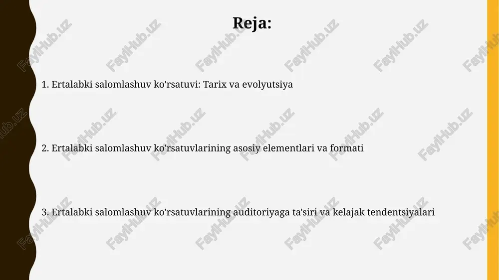 2030 yilga kelib, ai texnologiyalari orqali har bir tomoshabinning afzalliklariga moslashtirilgan shaxsiy kontentni taqdim etishi mumkin. kelajakda, 3d va vr texnologiyalari orqali salomlashuv ko'rsatuvlari interaktiv va immersiv formatga o'tib, tomoshabinlar bilan real vaqtda muloqot qilish imkoniyatini yaratadi. xulosa «xulosa» dasturida 15 daqiqada kunning eng muhim 3-4 yangiliklari, tahliliy sharhlar va ekspertlar bilan suhbatlar jamlangan bo'lib, tomoshabinlarga tezkor ma'lumot beradi. dastur davomida 5-7 daqiqalik qisqa intervyular, ijtimoiy so'rovlar va raqamli texnologiyalar orqali auditoriya bilan o'zaro aloqalar o'rnatilib, dolzarb mavzular muhokama qilinadi. e'tiboringiz uchun rahmat image1.png image2.jpg image3.jpg image4.jpg image5.jpg image6.jpg image7.jpg