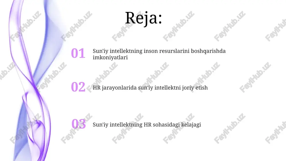 ini aniqlash va ularni tegishli vazifalar bilan bog'lashda yordam beradi, natijada resurslardan optimal foydalanish va umumiy ish samaradorligining 25% gacha oshishi ta'minlanadi. sun'iy intellekt vazifalarni avtomatlashtirib, hr xodimlarining vaqtini tejaydi, bu esa ularga strategik masalalarga, masalan, ish unumdorligini 15-20% oshirishga e'tibor qaratish imkonini beradi. ma'lumotlarga asoslangan qarorlar qabul qilish ai tahlili hrga xodimlarning ish faoliyatini baholash va ishdan bo'shatish xavfini aniqlashga yordam beradi, bu esa 15% ga yaxshiroq, ongli qarorlar qabul qilish imkonini beradi. ai yordamida xodimlarning so'rovlari va fikr-mulohazalarini tahlil qilish, korporativ madaniyat va ish muhitini 20% ga yaxshilash uchun muhim tendentsiyalarni aniqlash imkoniyatini beradi. hr sohasidagi kelajak tendentsiyalari hrda ma'lumotlarga asoslangan qarorlar qabul qilish ortib, xodimlarning analitikasi, 85% aniqlikdagi bashoratli modellar ish faoliyatini yaxshilash uchun muhim bo'ladi. sun'iy intellekt chat-botlari va virtual yordamchilar kundalik hr vazifalarini 60% avtomatlashtiradi, xodimlar bilan o'zaro aloqalarni osonlashtiradi va savollarga tez javob beradi. e'tiboringiz uchun rahmat image4.png image5.jpg image6.jpg image7.jpg image8.jpg image9.jpg image10.jpg …