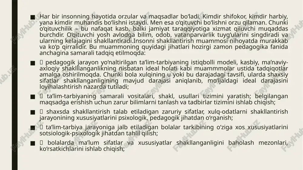 o‘rgatadi. o‘qituvchining sabr-toqati, mehribonligi va mas’uliyati tufayli o‘quvchilar jamiyatda o‘z o‘rnini topadilar. men kichikligimdan o‘qituvchilarimga havas bilan qarardim. ularning o‘quvchilar bilan samimiy muomalasi, bilimni tushunarli yetkazish usullari meni hayratga solardi. har safar o‘qituvchim doska oldida tushuntirish berayotganda, men ham kelajakda shunday dars o‘tishni orzu qilardim. shu sababli men o‘qituvchilik kasbini tanlashni maqsad qilganman. o‘qituvchilik menga yoqadi, chunki bu kasb orqali men yosh avlodga bilim beraman, ularning orzularini ro‘yobga chiqarishga yordam beraman. har bir o‘quvchining muvaffaqiyati o‘qituvchining mehnat samarasidir. kasbiy-axloqiy jihatdan shakllangan mutaxasis qanday bo‘lishi kerak? degan savolga aniq, to‘g‘ri javob topish bu sohadagi ko‘pgina muammolarning yechimini topishga yordam beradi. darhaqiqat, kasbiy-axloqiy jihatdan shakllangan ideal mutaxasisning imkoniyatlari ma’lum darajada real yoki noreal, ko‘p qirrali yoki bir yoqlama bo‘lishi mumkin. masalan, kasbiy-axloqiy jihatdan shakllangan mutaxasis ideali noreal, ya’ni, amalda erishib bo‘lmaydigan darajada bo‘lsa, nazariy jihatdan ta’limning samaradorlik darajasi yuqori bo‘lmaydi. chunki bunday yuqori ideal darajasiga sanoqli talabalargina erishishlari mumkin. aksincha, ideal oddiy, …