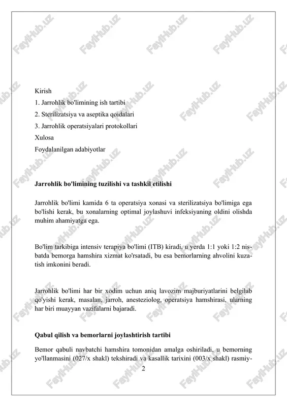 imoliy xavf-xatarlar 100% tushuntiriladi. anesteziya va og'riqni boshqarish anesteziya protokollari bemorning asa klassi (1 dan 5 gacha) va jarrohlik murakkabligiga qarab individual tarzda sozlanadi, bunda narkozning samaradorligi va xavfsizligi ta'minlanadi. og'riqni boshqarishning multimodal yondashuvi, opioidlarni (masalan, fentanil 50 mkg) non-opioid analgetiklar (masalan, ketorolak 30 mg) bilan birlashtirib, og'riqni kamaytiradi. hududiy anesteziya usullari, jumladan, umurtqa pog'onasi va epidural blokadalar, jarrohlikdan keyingi og'riqni kamaytirish uchun ishlatiladi, bu esa 0 dan 10 gacha og'riq shkalasini nazorat qilish imkonini beradi. sterilizatsiya va infeksiyani nazorat qilish autoklavlash jarayoni, masalan, 121°c da 15-30 daqiqa davomida amalga oshirilib, jarrohlik asboblarini samarali sterilizatsiya qilish uchun nam issiqlikdan foydalanadi va mikroorganizmlarni yo'q qiladi. operatsiya xonasida infeksiyani nazorat qilish uchun qo'llarni muntazam ravishda 70% alkogol asosidagi antiseptik bilan yuvish juda muhim, bu esa mikroblarning tarqalishini kamaytiradi va bemorlar xavfsizligini ta'minlaydi. jarrohlik uskunalari va xonalarni tozalash uchun epa tomonidan tasdiqlangan dezinfektsiyalovchi vositalardan foydalanish shart, bu infeksiyalar tarqalishining oldini oladi va steril …