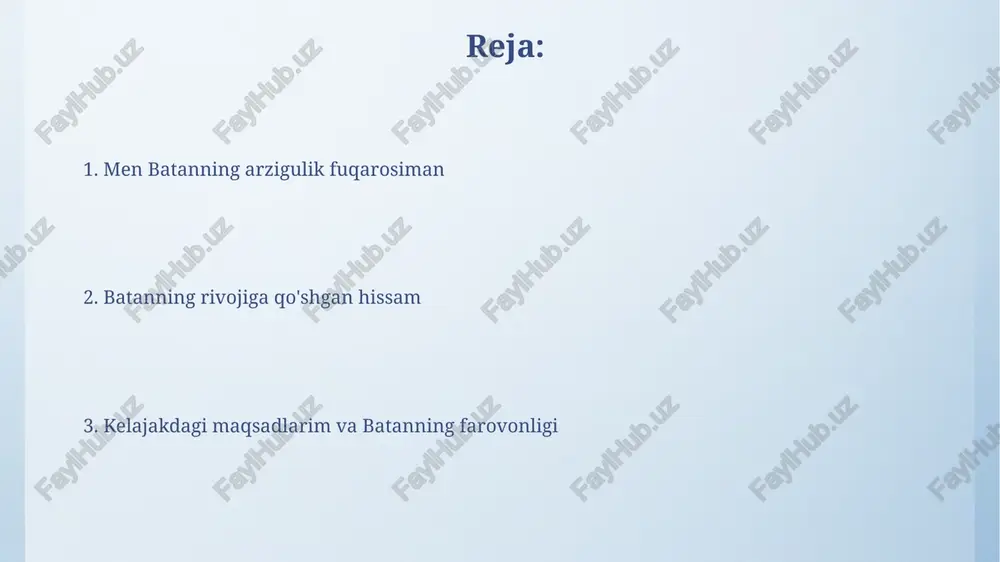 ar ovozi' nntsi tomonidan tashkil etilgan 3 ta ijtimoiy tadbirda faol ishtirok etib, 100 dan ortiq fuqaro bilan fikr almashdim. qonunlarga rioya qilish va jamoat tartibini saqlash qonunlarga rioya qilish - har bir fuqaroning burchi, konstitutsiyaning 1-moddasida belgilanganidek, huquqiy davlat asoslarini mustahkamlash va jamiyatda barqarorlikni ta'minlash uchun muhimdir. jamoat tartibini saqlash vazirlar mahkamasining 2014-yil 25-iyuldagi 205-sonli qarorida ko'rsatilganidek, shaxsiy xavfsizlikni, mulkni himoya qilishni va jamoat joylarida osoyishtalikni ta'minlashni anglatadi. batanning ta'lim va ma'rifatiga qo'shgan hissam men 5 yildan ziyod vaqt davomida mahalliy maktabda volontyor bo'lib, o'quvchilarga matematika va tabiiy fanlardan qo'shimcha darslar o'tib, ularning bilim olishiga hissa qo'shdim. men batanning ta'lim resurslarini rivojlantirish uchun 100 dan ortiq kitob va o'quv qo'llanmalarini mahalliy kutubxonaga hadya qildim, bu esa o'quvchilar uchun kengroq imkoniyatlar yaratdi. batanning sog'lig'ini yaxshilashga qaratilgan harakatlarim mahallamizda haftasiga kamida 3 marta ertalabki badantarbiya mashg'ulotlarini tashkil etib, unda 50 nafardan ortiq odamning ishtirokini ta'minlashga erishdim. “sog‘lom tana – sog‘ aql” …