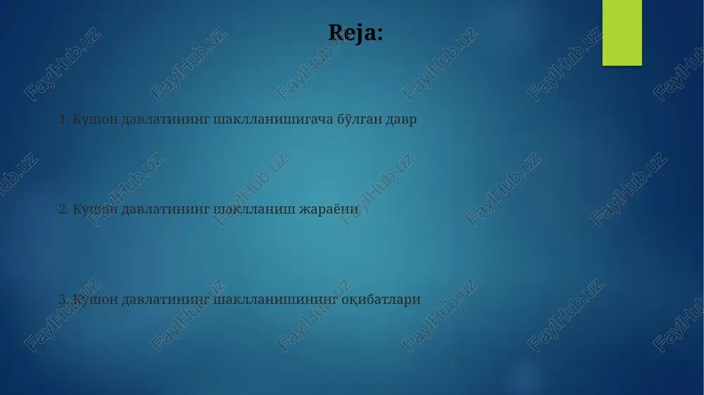 osiy o'zgarishlariga sabab bo'ladi. kushon davlatining shakllanish jarayoni kushon davlatining shakllanishida yunon-baqtriya podsholigining zaiflashuvi muhim rol o'ynadi, miloddan avvalgi ii asrda ko'chmanchi yuechjilarning bosqini bu jarayonni tezlashtirdi. kushonlar, yuechjilarning besh urug'idan biri bo'lib, miloddan avvalgi i asrda kudjula kadfiz boshchiligida birlashib, o'z hukmronligini markaziy osiyoning katta qismiga o'rnatdi. kadfiz ii davrida kushon imperiyasi hindiston shimoliga kengayib, bu hududlarni bosib olish orqali muhim savdo yo'llarini nazorat qilish va iqtisodiy o'sishni ta'minladi. kushon davlatining siyosiy tuzilishi kushon imperiyasida yirik viloyatlar 'viloyat hokimlari' tomonidan boshqarilgan, ular podshoh tomonidan tayinlangan va soliq yig'ish, qonunni ta'minlash va mahalliy boshqaruvda muhim rol o'ynagan. kushon davlati siyosiy tuzilishi podshoh tomonidan boshqarilgan, uning hokimiyati xudo tomonidan berilgan deb hisoblangan va u harbiy, diniy va qonuniy masalalarda mutlaq huquqlarga ega bo'lgan. kushon davlatida markaziy boshqaruvda 'katiblar' va 'kotiblar kengashi' kabi mansabdor shaxslar ishlagan, ular podshohning farmonlarini yozish, soliq hisobini yuritish va diplomatik yozishmalarni olib borish kabi vazifalarni bajargan. iqtisodiy …
