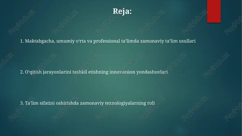 lash uchun formativ baholashning 3 turi qo'llaniladi, ya'ni kuzatuv, savol-javob va o'z-o'zini baholash orqali doimiy ravishda monitoring olib boriladi. professional ta'limda o'qitish jarayonlarini optimallashtirish kasbiy ta'limni optimallashtirish 4.0 sanoat standartlariga muvofiq modulli o'quv dasturlarini joriy etishni talab qiladi, bu o'quvchilarning aniq sanoat talablariga mos kelishini ta'minlaydi. ish beruvchilar bilan hamkorlikni kuchaytirish, jumladan, amaliyot dasturlarini kengaytirish va 70/30 tamoyiliga asoslangan dual ta’lim tizimini yaratish malakali kadrlarni tayyorlashga yordam beradi. talabalarga 21-asr ko'nikmalarini, jumladan, tanqidiy fikrlash va muammolarni hal qilishni o'rgatish uchun stem fanlari va innovatsion texnologiyalarni o'quv dasturiga integratsiya qilish samaraliroqdir. o'qitishda axborot-kommunikatsiya texnologiyalaridan foydalanish interaktiv doskalar va onlayn platformalar kabi akt vositalari o‘quvchilarni 50% gacha ko‘proq jalb qiladi, hamda ularning darsga faol ishtirok etishlarini ta'minlaydi. ta’limda akt o‘qituvchilarga 2d va 3d simulyatsiyalar orqali murakkab mavzularni vizuallashtirishga yordam beradi, bu esa tushunish darajasini 30% ga oshirishi mumkin. akt asosida o‘qitish, masalan, adaptiv dasturlar orqali, har bir o‘quvchining individual ehtiyojlariga moslashtirilgan ta’lim …