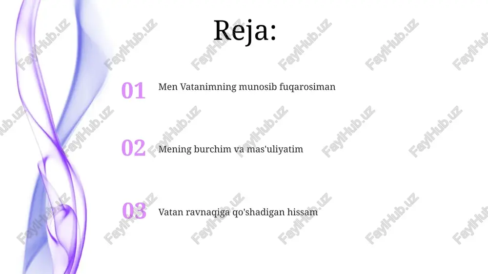 har bir fuqaroning huquq va erkinliklarini kafolatlaydi, konstitutsiyaning 15-moddasida davlat organlari, mansabdor shaxslar undan chetga chiqmasligi belgilangan. milliy madaniyatni asrash va rivojlantirish milliy madaniyatni asrash – bu 1992-yil 8-dekabrda qabul qilingan konstitutsiyaning 42-moddasida belgilangan har bir fuqaroning burchidir. 2017-2021-yillarda oʻzbekistonni rivojlantirishning beshta ustuvor yoʻnalishi doirasida madaniyatni rivojlantirishga qaratilgan muhim islohotlar amalga oshirildi. ta'lim olishga intilish ta'lim olishga intilish – bu har bir fuqaroning konstitutsiyaviy huquqi bo'lib, jamiyatning 2030-yilgacha bo'lgan maqsadlariga erishishda muhim ahamiyatga ega. prezidentimizning 5 ta muhim tashabbusi doirasida ta'lim sohasida 100 dan ortiq loyihalar amalga oshirilmoqda, bu yoshlarning bilim olishga bo'lgan ishtiyoqini oshiradi. mehnatsevarlik va halollik «halollik» qonunlarga rioya qilish va adolatli bo'lishni o'z ichiga oladi, bu fuqarolarning 90 foizi tomonidan qo'llab-quvvatlanadi, davlat barqarorligining asosi hisoblanadi. «mehnatsevarlik» insonning o'z vazifalarini 100 foiz bajarishga intilishini anglatadi, bu esa jamiyat taraqqiyotiga qo'shilgan hissaning muhim 75 foizini tashkil etadi. jamiyatga foyda keltirish volontyorlik orqali jamiyatga yordam berish, masalan, 100 soat davomida …