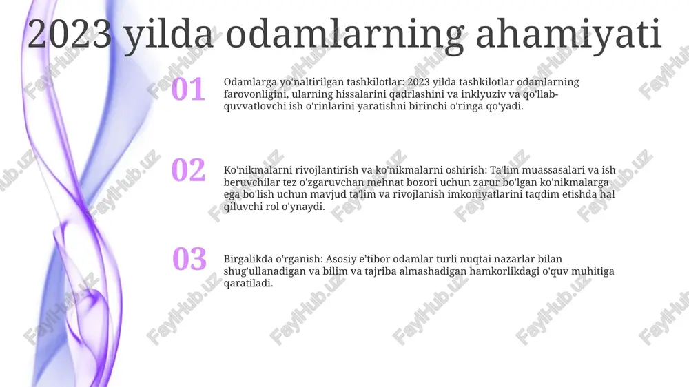 biy ish muhitini anglatadi. raqamli asrda odamlarga yo'naltirilgan etakchilik xodimlarning farovonligiga e'tibor qarating: odamlarga yo'naltirilgan etakchilik ijobiy ish va hayot muvozanatini ta'minlash, o'sish va rivojlanish imkoniyatlarini ta'minlash hamda qo'llab-quvvatlovchi va inklyuziv ish muhitini yaratish orqali xodimlarning farovonligini birinchi o'ringa qo'yadi. shaxslarning imkoniyatlarini kengaytirish: etakchilikning bu shakli shaxslarga avtonomiya va qarorlar qabul qilish huquqini berish orqali ularga imkoniyatlar beradi. u har bir jamoa aʼzosining noyob hissalarini eʼtirof etadi va innovatsiya va ijodkorlikni rivojlantiradi. ishonch va munosabatlarni o'rnatish: odamlarga yo'naltirilgan rahbarlar o'z jamoalari bilan ishonch va ochiq muloqotga asoslangan mustahkam munosabatlar o'rnatadilar. ular hamkorlik, oshkoralik va hurmatni qadrlab, psixologik jihatdan xavfsiz va qo'llab-quvvatlovchi ish joyini yaratadilar. odamlarni qadrlaydigan madaniyatni yaratish inklyuzivlik va xilma-xillik: farqlarni o'z ichiga olgan va nishonlaydigan madaniyatni targ'ib qilish, hamma uchun tegishlilik va tenglik tuyg'usini rivojlantirish. xodimlarni jalb qilish: odamlar o'zlarini qadrli, g'ayratli va tashkilot maqsadlari bilan bog'laydigan ish joyini targ'ib qiling. uzluksiz ta'lim va rivojlanish: xodimlarga o'z malakalarini, …