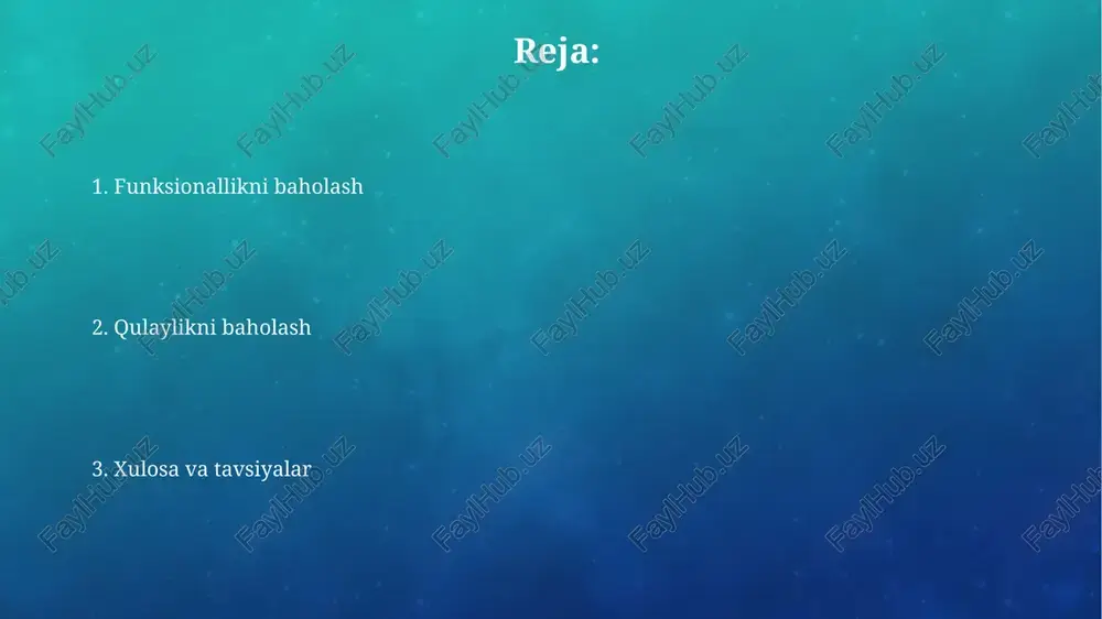 igi' ko'rsatkichidan foydalaniladi, uning qiymati 0 dan 100 gacha bo'lib, yuqori ko'rsatkich qulaylikni anglatadi. funksionallik va qulaylik boʻyicha kuchli tomonlar loyiha interfeysi 3 qadamda soddalashtirilganligi, navigatsiyani osonlashtiradi va foydalanuvchilarning vazifalarini tez va samarali bajarishga yordam beradi, shu bilan qulaylikni oshiradi. dasturiy ta'minotning 99.9% ish faoliyatini ta'minlash uchun testlar va optimallashtirishlar o'tkazildi, bu esa uzluksiz ishlash imkonini berib, uning funksionalligini kafolatlaydi. funksionallik va qulaylik boʻyicha zaif tomonlar funksionallikning zaif tomoni shundaki, loyiha talablarga toʻliq javob bermasligi, ya’ni dastlab belgilangan 80% funksionallikka erishilmasligi mumkin. qulaylik boʻyicha, foydalanuvchi interfeysi murakkabligi sababli, oʻrganish uchun 10 daqiqadan koʻproq vaqt talab etilsa, bu qulaylikni pasaytiradi. takomillashtirish boʻyicha tavsiyalar loyihani muvaffaqiyatli takomillashtirishda 7 qadamli metodologiyaga amal qilish maqsadga muvofiq, bu bosqichma-bosqich amalga oshirishni taʼminlaydi va jarayonni optimallashtiradi. takomillashtirish jarayonida “5s” tizimini joriy etish, jumladan tartibga solish (sort), tozalash (set in order), sarflash (shine), standartlashtirish (standardize) va intizom (sustain) katta ahamiyatga ega. xulosa xulosa loyihaning muvaffaqiyatini yakuniy baholash …