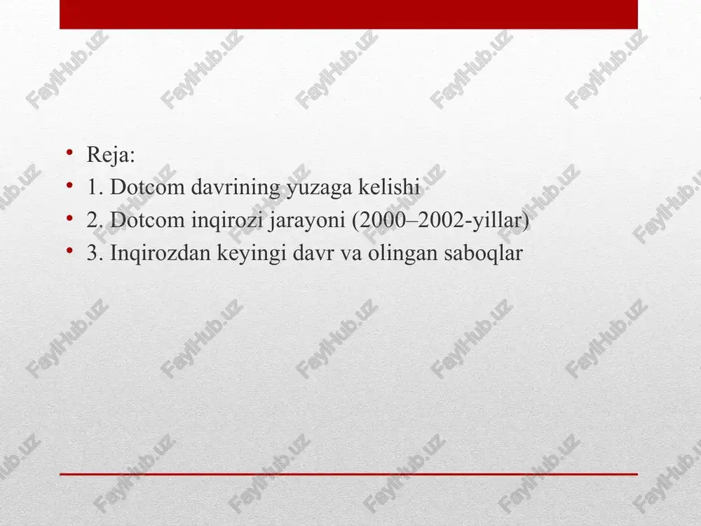 znes g'oyasini amalga oshirishingiz mumkin (internetsiz imkonsiz yoki samarasiz)). biroq, sa'y-harakatlar orqaliinvestorlar va ijodkorlar ongida mutlaqo toza bo'lmagan ishbilarmonlar va yangi iqtisodiyotning g'ayratli apologitlari.dot-comstushunchalar almashtirildi: internet orqali biznes yuritish faqat biznes-jarayonni amalga oshirish vositasidir, lekin investitsiya qilingan kapitaldan daromad olishga qodir bo'lgan mustaqil biznes jarayoni emas.. puldot-comsular asosan reklama va marketing kampaniyalariga sarmoya kiritdilar, biznes modelini ishlab chiquvchilar kam. pufakning qulashi natijasidadot-comsaksariyat kompaniyalar tugatilgan yoki sotilgan. rag'batlantirish algoritmi "dot-com90-yillarning ikkinchi yarmidagi "biznes" strategiyasi juda aniq va amalga oshirish uchun qulay bo'lib tuyuldi. qayerdadirsilikon vodiysida yangi kompaniya tashkil etilmoqda. ajoyib/chiroyli ism o'ylab topildi. domen nomi " bilan tugaydigan yorqin veb-sayt.com". jamoatchilikkakeyingi 3-5 yil ichida virtual auditoriyaning katta qismini egallash rejalari tuzildi va ... xo'shhammasi shu. oh, ijodiy va qimmat reklama kampaniyasini o'tkazishni unutmang. sizning aktsiyalaringiz, albatta, xaridorni topadi va bir nechta. asosiy, daromad va foyda emas, balki bozor ulushi va jalb qilingan tashrifchilar soni. inbu “yangi internet iqtisodiyoti”ning mohiyatidir. o'sha davrning …
