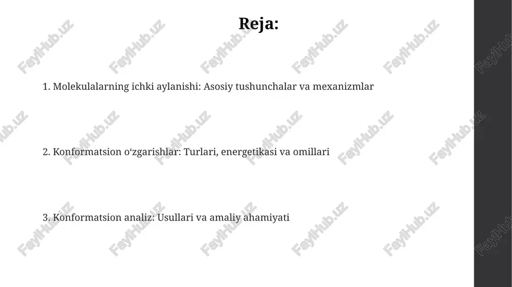 tsion izomerlar hosil bo'ladi. bu jarayon 0 dan 360 gradusgacha davom etishi mumkin. ichki aylanishning tezligi energiyaga bog'liq. yuqori energiyada aylanish tezroq bo'ladi. ko'pchilik molekulalarda xona haroratida aylanish tezligi sekundiga 10^12 marta atrofida. aylanuvchan bog'lanishlar aylanuvchan bog'lanishlar molekulalarda energiya to'sig'ini yengib o'tgan holda, atomlar yoki atomlar guruhlari o'rtasida 360 graduslik burilishga olib keladi, bu esa konformatsion izomerlar hosil qiladi. sterik zo'riqish, burilish zo'riqishi va elektrostatik ta'sirlar aylanuvchan bog'lanishlarda molekulaning barqaror konformatsiyasini aniqlaydigan asosiy omillar hisoblanadi, energiya minimallashtiriladi. butan molekulasida 0 gradusdagi 'sin' konformatsiya eng yuqori energiyaga ega, chunki metil guruhlari bir-biriga yaqin joylashgan, bu esa sterik zo'riqishni maksimal darajaga chiqaradi. burchak zo'riqishi siklopropan misolida, 60° burchaklarda katta burchak zo'riqishi mavjud, bu esa s-xarakterining ortishi va p-xarakterining kamayishi orqali aloqa mustahkamligiga ta'sir etadi. burchak zo'riqishi, siklik molekulalarda 109.5° dan farq qiluvchi valent burchaklari natijasida yuzaga keladi, bu esa molekulaning energiyasini oshiradi va beqarorlikka olib keladi. baeyer tomonidan 1885-yilda taklif etilgan burchak …