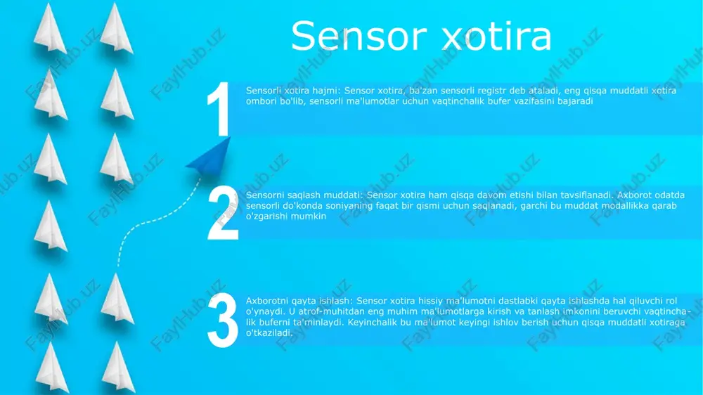 bizning idrokimiz va xatti-harakatlarimizga ta'sir ko'rsatadigan tayyorgarlik kiradi. aniq xotira xotira turlari:- epizodik: shaxsiy tajribalarni yozib oladi.- semantik: umumiy bilim va tushunchalarni saqlaydi. aniq xotira: shaxsiy tajribalar, faktlar va bilimlar kabi ongli ravishda olingan va e'lon qilingan xotiralarni tavsiflaydi. uning jarayonlari:- kodlash: axborotni saqlanishi mumkin bo'lgan shaklga aylantirish.- saqlash: vaqt o'tishi bilan ma'lumotni saqlash.- qidiruv: saqlangan ma'lumotlarga kirish va ongli ravishda eslab qolish. yashirin xotira implicit memory- ongli ravishda harakat qilmasdan avtomatik ravishda kirish mumkin bo'lgan xotiralarni saqlaydi.- masalan, velosiped haydash, pianino chalish va vazifani qanday bajarishni eslash kiradi.- takrorlash va mashq qilish orqali mustahkamlangan nerv yo'llarida saqlanadi. aniq xotira- ongli ravishda olinadigan va esga olinadigan xotiralarni saqlaydi.- misollar ismlarni, sanalarni va voqealarni eslab qolishni o'z ichiga oladi.- gippokamp, ​​medial temporal lob va prefrontal korteksni o'z ichiga oladi. xotira jarayonlari- kodlash: axborotni xotirada saqlanishi mumkin bo'lgan shaklga aylantirish.- saqlash: vaqt o'tishi bilan ma'lumotni xotirada ushlab turish.- qabul qilish: axborotga kirish …