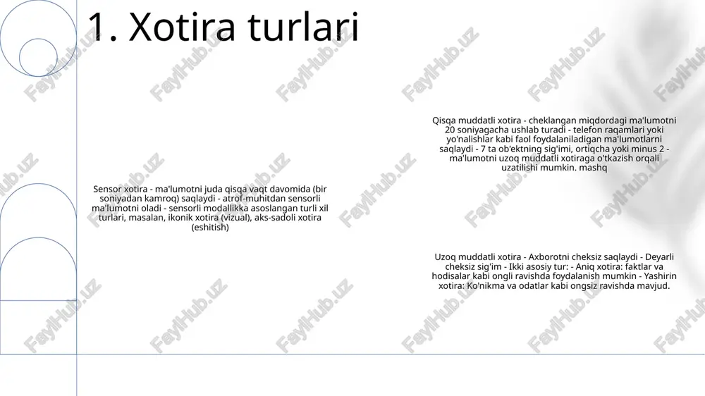 bajarish uchun ma'lumotni manipulyatsiya va takrorlashni o'z ichiga oladi. 3. qisqa muddatli xotira uzoq muddatli xotira sig'imi: uzoq muddatli xotira katta hajmga ega bo'lib, butun umr davomida deyarli cheksiz miqdordagi ma'lumotlarni saqlashga qodir. uzoq muddatli xotira turlari: uzoq muddatli xotiraning ikkita asosiy turi mavjud: aniq xotira (ongli xotira) va yashirin xotira (avtomatik, protsessual ko'nikmalar). uzoq muddatli xotira konsolidatsiyasi: xotiralar vaqt o'tishi bilan hipokampus va miyaning boshqa hududlarini o'z ichiga olgan jarayon orqali faol ravishda mustahkamlanadi va mustahkamlanadi, bu esa uzoq muddatli saqlanishini ta'minlaydi. 4. uzoq muddatli xotira epizodik xotira: shaxsiy tajribalar xotirasi - epizodik xotira hayotimizda sodir bo'lgan aniq voqealarni eslab qolish qobiliyatini anglatadi. xotira turlari: xotira turlari- xotira turlari miyada axborotni saqlash va eslab qolishning turli usullarini bildiradi.- epizodik xotira semantik xotira (fakt va tushunchalar xotirasi) va protsessual xotira bilan bir qatorda xotiraning asosiy turlaridan biridir. xotira (ko'nikma va odatlar xotirasi). xotira jarayonlari: xotira jarayonlari- xotira jarayonlari xotiralarni shakllantirish …