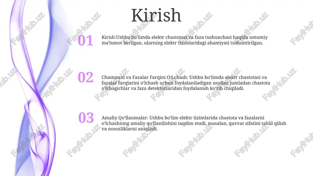 signalning vaqt o'tishi bilan qanchalik tez-tez takrorlanishini miqdoriy aniqlashni o'z ichiga oladi, odatda gerts (hz) yoki uning ko'paytmalari bilan ifodalanadi. faza o'lchovi: faza mos yozuvlar nuqtasi yoki boshqa to'lqin shakli bilan solishtirganda to'lqin shaklining joylashishini yoki siljishini anglatadi. faza o'lchovlari ikki to'lqin orasidagi nisbiy siljishni aniqlaydi, bu vaqt kechikishlari yoki fazalar farqlari haqida tushuncha beradi. faza burchagi o'lchovi: faza burchagi - bu ikki xil signalning amplitudasi va fazasini ifodalovchi ikki vektor orasidagi burchak vaqt domeni texnikasi chastota va fazalar farqini o'lchash: ikki signal o'rtasidagi chastota va fazadagi farqlarni tahlil qiladi, signal munosabatlarini ochib beradi va potentsial anomaliyalarni aniqlaydi. vaqt domenining texnikasi: signalning vaqtga bog'liq xususiyatlarini o'lchaydi, vaqt o'tishi bilan signal harakati haqida tushuncha beradi. vaqt sohasi usullaridan foydalanish: vaqt sohasidagi signal xatti-harakatlarini qo'lga olish va tahlil qilish uchun osiloskop o'lchovlari, vaqtinchalik tahlil va impuls javobini tahlil qilish kabi usullarni qo'llaydi. chastotali domen texnikasi o‘lchash printsipispectrum analizatori kirish signalining amplitudasi va …