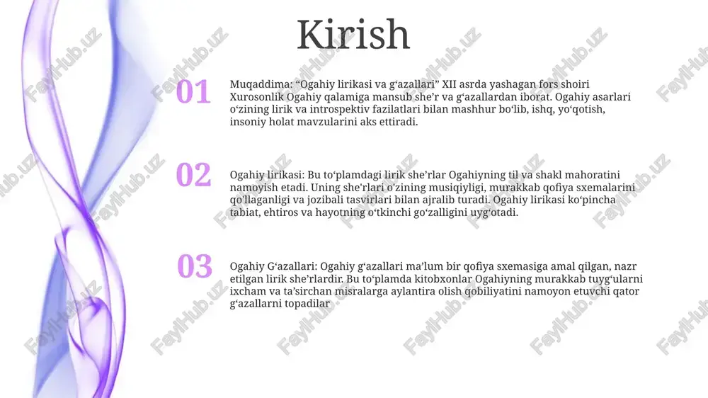 iboralari orqali kitobxonlar temuriylar davridagi hayotning murakkab tomonlarini, jumladan, ishq, yo‘qotish va ruhiy intilish mavzularini ko‘rishlari mumkin. ogahiy lirikasidagi she’riy mavzular sevgi va istak: ogahining qo'shiqlari ko'pincha sevgi, sog'inish va romantik istak mavzularini o'rganadi. uning she'rlarida javobsiz sevgining shiddatli his-tuyg'ulari va amalga oshirilgan munosabatlar quvonchlari ifodalangan. tabiat va go‘zallik: ogahiy she’riyatida tabiiy olam katta o‘rin tutadi. u gullar, daraxtlar, oy va fasllarning go'zalligini nishonlaydi. tabiat hayotning go'zalligi va o'tkinchiligi uchun metaforaga aylanadi. ma’naviyat va tasavvuf: ogahiy lirikasi ko‘pincha ma’naviy va tasavvufiy mavzularni qamrab oladi. u jismoniy dunyo va ilohiy o'rtasidagi munosabatni o'rganish uchun metafora va tasvirlardan foydalanadi. uning she’rlarida hamma narsaning o‘zaro bog‘liqligiga bo‘lgan ishonchi, ma’naviy ma’rifatga intilish muhimligi aks etgan. ogahiy g‘azallarining uslubiy xususiyatlari 2. tasvir va timsol: uning g‘azallari ko‘p hollarda tabiat va kundalik hayotdan tortib, mavhum tushunchalarni ifodalovchi ta’sirchan obraz va timsollarga boy. 1. qofiya sxemalari: ogahiy g‘azallarida klassik “aabba”dan tortib “axaxa” kabi murakkab naqshlargacha bo‘lgan turli …