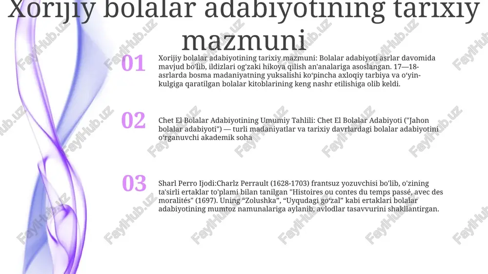 tirgan. perroning ertaklari janrni ommalashtirdi va son-sanoqsiz moslashuvlar va qayta hikoyalarga ta'sir qildi. perrodan oldingi ertak an'analari: ertaklar charlz perrodan oldin mavjud bo'lib, asrlar davomida ertaklar o'tib kelgan og'zaki an'analar bilan. bu hikoyalar ko'pincha sehrli elementlarni, folklorni va ular aytilgan jamiyatlarning aksini o'z ichiga oladi. chet el bolalar adabiyotining umumiy tahlili:"chet el bolalar adabiyotining umumiy tahlili" chet eldagi bolalar adabiyotini har tomonlama tahlil qilib, uning tarixi, rivojlanishi va madaniy ahamiyatiga e'tibor qaratadi. unda “chet el” bolalar adabiyotining xususiyatlari, janrlari va mavzulari o‘rganiladi. perroning bolalar adabiyotiga ta'siri perroning ertaklarga ta'siri: u "zolushka" va "uxlayotgan go'zal" kabi sevimli hikoyalarni ommalashtirdi va bu abadiy ertaklarni bolalarning tushunishini shakllantirdi. perroning adabiy uslublari: perraultning hikoya tuzilishi, taranglik va xarakter arxetiplaridan foydalanishi bolalar adabiyotida ta'sirchan bo'lib, hikoya qilish uchun asos yaratdi. perroning axloqiy saboqlari: perro o'zining ertaklari orqali bolalarga qimmatli axloqiy saboqlarni etkazdi, ularga mehr-oqibat, itoatkorlik va chidamlilik muhimligini o'rgatdi. "zolushka": avlodlar uchun abadiy ertak 2: …