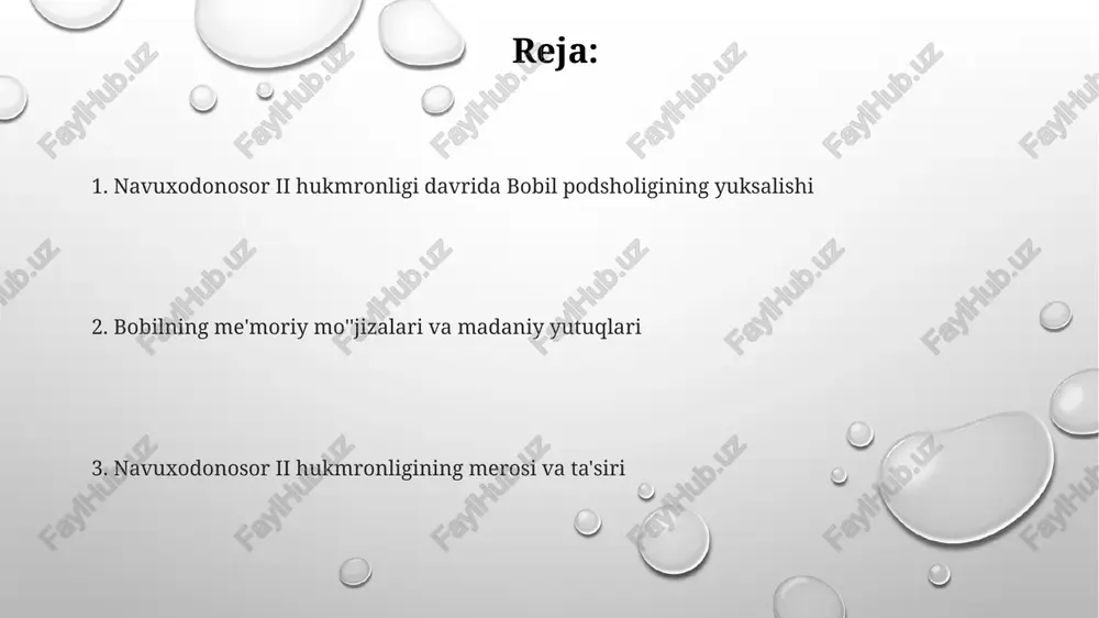 osib olish bo'lib, yahudiy elitasining bobilga surgun qilinishiga olib keldi, bu bobil asirligi deb ataladi. bobilda me'morchilik va qurilish loyihalari: bobil minorasi va osma bog'lar bobil minorasi, ehtimol, mavjud bo'lgan zinapoyli piramida bo'lib, uning balandligi 91 metrdan oshiq bo'lganligi taxmin qilinadi va bu davrning monumental loyihasi edi. osma bog'lar, afsonaga ko'ra, nebukadnetsar ii tomonidan qurilgan bo'lib, ularning zamonaviy irrigatsiya tizimi va turli xil o'simliklari bilan mashhurdir, bu esa texnologik mo'jiza edi. qurilish loyihalari uchun nebukadnetsar ii o'lchov standartlarini joriy qildi va g'isht ishlab chiqarishni standartlashtirdi, bu esa loyihalarning samaradorligini oshirdi va bir xillikni ta'minladi. ijtimoiy tuzilma va kundalik hayot ko'p oilalar bir xonadonni baham ko'rishgan, ular quritilgan g'ishtdan qurilgan va kundalik hayotda dehqonchilik va chorvachilik bilan bog'liq bo'lgan 12 soatlik ish kuni odatiy hol edi. nebuchadnezzar ii davrida jamiyat ierarxik edi, unda ruhoniylar va amaldorlar yuqori mavqega ega boʻlib, oddiy xalq asosan qishloq xoʻjaligi bilan shugʻullanardi. babilliklar kundalik hayotida zig'ir …