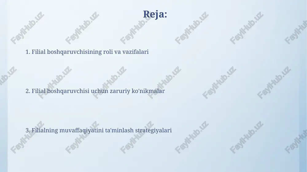 eting. doimiy ravishda individual rivojlanish rejalashtirish orqali har bir xodimning 2 yillik maqsadlariga erishish imkoniyatini ta'minlang. mijozlar bilan munosabatlar va xizmat ko'rsatish filial menejeri mijozlar bilan munosabatlarda doimiy ravishda shaxsiy aloqalarni o'rnatishi, xizmat ko'rsatish sifatini oshirish uchun 90 kunlik dasturlar tuzishi va ularning fikr-mulohazalarini doimiy o'rganishi kerak. bank filialining menejeri mijozlar shikoyatlarini hal qilishda 24 soat ichida javob berish va muammoni 72 soat ichida to'liq bartaraf etish siyosatini qo'llashi, shaffoflikni ta'minlashi zarur. risklarni boshqarish va xavfsizlik filial boshqaruvchisi kredit portfelining 20% dan ortig'iga ta'sir qilishi mumkin bo'lgan operatsion xavflarni baholaydi va kamaytiradi, shu jumladan firibgarlikni aniqlash protokollari. kiberxavfsizlik siyosati filialning barcha tizimlarida 128 bitli shifrlashdan foydalanishni talab qiladi va mijozlarning ma'lumotlarini himoya qilish uchun muntazam ravishda penetratsion sinovlarni o'tkazadi. moliyaviy ko'rsatkichlar va samaradorlikni baholash rentabellik ko'rsatkichlari, xususan, kapital rentabelligi (roe) 15% dan yuqori bo'lishi kerak, aktivlar rentabelligi (roa) esa 1.5% dan kam bo'lmasligi, bu samarali resurslardan foydalanishni aks ettiradi. xarajatlarning …