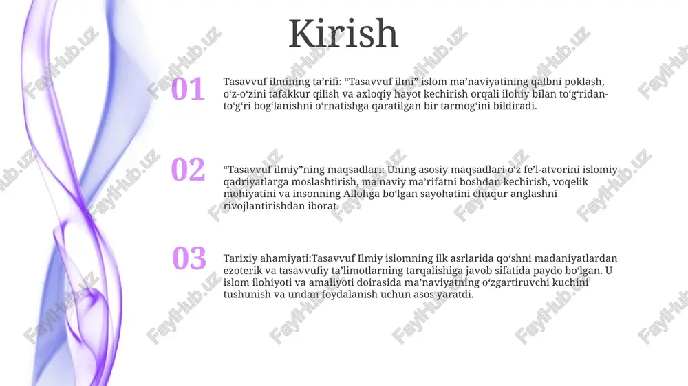da ichki ma’naviyat, tasavvuf va xudo bilan bevosita bog‘lanish muhimligi ta’kidlangan. tasavvufga ta'siri: tasavvuf turli manbalardan elementlarni, jumladan, islom ta'limotlari, neoplatonizm va mintaqaning islomgacha bo'lgan diniy amaliyotlarini o'z ichiga oladi. u turli maktablar va amaliyotlar bilan turli harakatga aylandi. tasavvuf falsafasi tasavvufning mohiyati: tasavvuf, shuningdek, tasavvuf nomi bilan ham tanilgan, tafakkur, zikr va axloqiy xatti-harakatlar kabi ruhiy amaliyotlar orqali ilohiy bilan chuqur va to'g'ridan-to'g'ri aloqani rivojlantirishga qaratilgan islomning ezoterik jihati. ilohiy ilmga yo‘l: tasavvuf nazariy bilimdan ko‘ra tajribaviy bilimning muhimligini ta’kidlaydi. u izlovchilar uchun aql chegaralaridan oshib o'tish va ilohiy borlig'ini bevosita his qilishlari mumkin bo'lgan yurak sohasiga kirish uchun yo'l beradi. fazilatlarni tarbiyalash: tasavvuf ezgu fazilatlarni tarbiyalashni ma'naviy yuksalish uchun zarur deb biladi. kamtarlik, rahm-shafqat, saxovat, qanoat kabi fazilatlar qalbni poklash va uni ilohiy inoyatga tayyorlashning kaliti sifatida qaraladi. tasavvuf psixologiyasi psixologik ildizlar: tasavvuf an'anaviy islom ta'limotlari, tasavvuf va psixologiyadan ilhom oladi. bu ma'naviy o'sish yo'llari sifatida introspektsiya, o'z-o'zini …