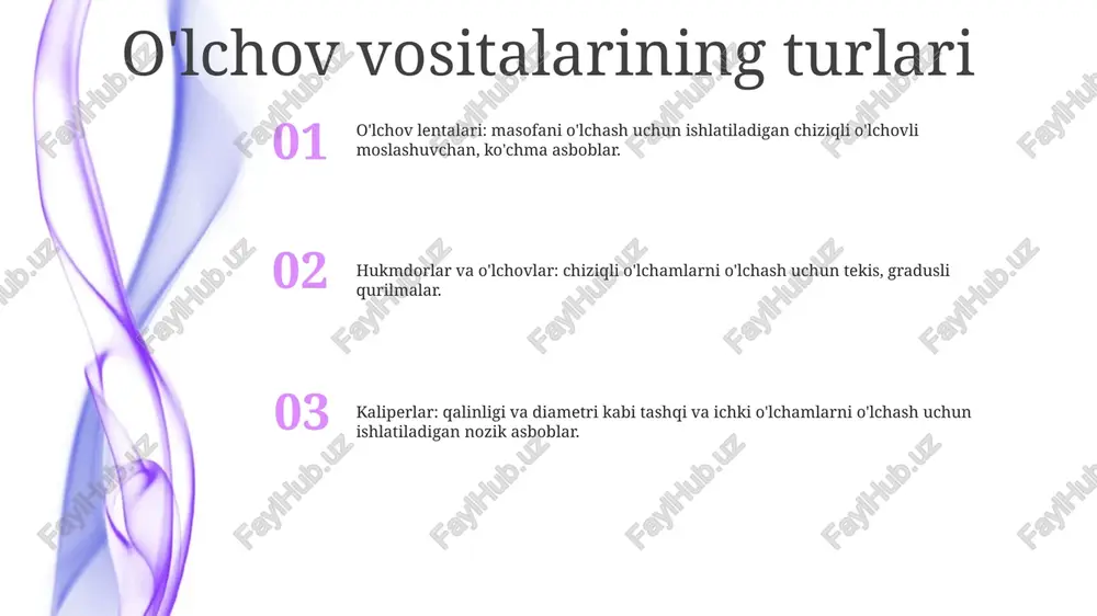 lari, o'lchagichlar va tarozilar kabi asboblarni o'z ichiga oladi. burchak o'lchash asboblari surveying compas: gorizontal burchaklarni o'lchaydigan va erni o'rganish uchun magnit shimol yo'nalishini ta'minlaydigan qo'lda ishlaydigan qurilma. protractor: turli sohalarda burchaklarni o'lchash va qurish uchun ishlatiladigan daraja belgilariga ega yarim doira yoki to'liq dumaloq asbob. teodolit: gorizontal va vertikal tekisliklarda aniq burchak o'lchovlari uchun geodeziya, qurilish va boshqa muhandislik dasturlarida ishlatiladigan murakkab asbob. aniq o'lchash asboblari mikrometrlar: ilg'or vint mexanizmidan foydalangan holda juda kichik masofalarni katta aniqlik bilan o'lchash uchun yuqori aniqlikdagi asboblar. kaliperlar: tashqi va ichki o'lchamlarni o'lchash uchun ishlatiladigan nozik asboblar, aniq o'qish uchun toymasin jag'lar va noniuslar mavjud. komparatorlar: o'lchamlarni ma'lum standart bilan solishtirish uchun ishlatiladigan optik yoki mexanik qurilmalar ommaviy ishlab chiqarish sharoitida tez va aniq o'lchovlarni ta'minlaydi. raqamli o'lchash asboblari raqamli termometr - haroratni aniq o'lchaydi - kontaktsiz yoki suvga cho'mdiruvchi modellar mavjud - kritik haroratlar uchun dasturlashtiriladigan signallar raqamli multimetr - kuchlanish, oqim …