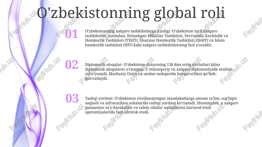 larini tashkil etadi. 1. iqtisodiy aloqani kuchaytirish: tashkilot infratuzilma loyihalari, savdoni osonlashtirish va investitsiyalar orqali mintaqaviy iqtisodiy integratsiyaga yordam beradi. 2. xavfsizlik sohasidagi hamkorlikni rivojlantirish: u aʼzo davlatlar oʻrtasida umumiy xavfsizlik tahdidlarini, jumladan, terrorizm, giyohvand moddalar savdosi va uyushgan jinoyatchilikni bartaraf etishda hamkorlikni osonlashtiradi. xalqaro tashkilotlar xalqaro valyuta jamg'armasi (xvj): moliyaviy yordam ko'rsatadi va mamlakatlarga global valyuta barqarorligini ta'minlash uchun iqtisodiy va moliyaviy siyosatlar bo'yicha maslahat beradi. xalqaro mehnat tashkiloti (xmt): ijtimoiy adolat va hamma uchun munosib mehnatni targ‘ib qiladi, xalqaro mehnat standartlarini belgilaydi va texnik yordam ko‘rsatadi. birlashgan millatlar tashkilotining bolalar jamg'armasi (yunisef): butun dunyo bo'ylab, xususan, rivojlanayotgan mamlakatlarda bolalarning salomatligi, ovqatlanishi, ta'limi va himoyasini yaxshilash uchun ishlaydi. iqtisodiy integratsiya iqtisodiy integratsiya: oʻzbekiston va yevroosiyo iqtisodiy ittifoqi (yeoi) - yeoii armaniston, belarus, qozogʻiston, qirgʻiziston va rossiyani oʻz ichiga olgan erkin savdo blokidir. - oʻzbekiston yeoii aʼzosi emas, lekin kuzatuvchi maqomiga ega va kelajakda ittifoqqa qoʻshilish istagini bildirdi iqtisodiy integratsiya: …