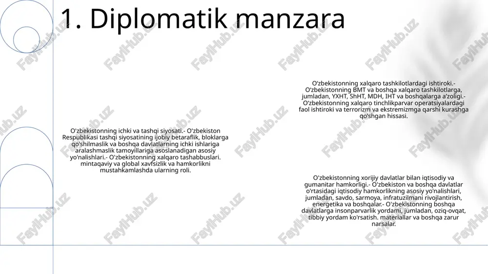 tetlar va ta'lim muassasalari bilan ikki tomonlama hamkorlikni yo'lga qo'yadi, xalqaro hamkorlikni rivojlantirish uchun qo'shma dasturlar, tadqiqot tashabbuslari va talabalar almashinuvini yo'lga qo'yadi. potensialni oshirish: o'zbekiston va jahon hamjamiyati o'qituvchilar, tadqiqotchilar va talabalar uchun xalqaro ta'lim va global fuqarolik bo'yicha malaka va tajribalarini oshirish uchun treninglar va seminarlar o'tkazish orqali salohiyatni oshirishga e'tibor qaratadi. 3. ta'lim sohasidagi hamkorlik madaniy meros: oʻzbekistonning boy madaniy tarixi, jumladan, qadimiy shaharlari, meʼmoriy moʻjizalari va anʼanaviy sanʼati jahon miqyosida eʼtirofga sazovor boʻldi. muzeylar va ko'rgazmalar xalqning madaniy boyliklarini namoyish etadi. xalqaro hamkorlik: o‘zbekiston butun dunyo mamlakatlari bilan madaniy almashinuvlarda faol ishtirok etmoqda. u xalqaro festivallar, ko‘rgazmalar va seminarlarga mezbonlik qiladi, madaniyatlararo o‘zaro tushunishni kuchaytiradi va o‘zbekistonning madaniy merosini xorijda targ‘ib qiladi. ijodiy hamkorlik: o‘zbekiston turli millatga mansub rassomlar, musiqachilar va madaniyat muassasalari bilan hamkorlik qiladi. bu hamkorlik natijasida anʼanaviy oʻzbek unsurlarini zamonaviy sanʼat turlari bilan uygʻunlashtirib, mamlakatning joʻshqin bunyodkorlik sahnasini namoyish etuvchi innovatsion loyihalar amalga …