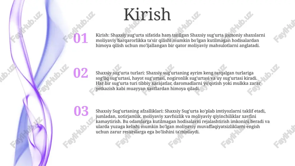 iga olishi mumkin. - odamlar va oilalarni kutilmagan tibbiy to'lovlardan himoya qiladi. shaxsiy sug'urta (shaxsiy baxtsiz hodisalardan sug'urta):- jismoniy shaxslarni baxtsiz hodisalar natijasida yuzaga keladigan moliyaviy yo'qotishlardan qoplaydi.- tibbiy xarajatlar, yo'qolgan daromadlar va doimiy nogironlik uchun kompensatsiyani ta'minlashi mumkin.- sog'liqni saqlash sug'urtasidan tashqari qo'shimcha himoya qatlami sifatida sotib olish mumkin. nogironlik sug'urtasi nogironlik sug'urtasi, agar kasallik yoki jarohat tufayli ishlay olmagan bo'lsangiz, daromadni qo'llab-quvvatlaydi. shaxsiy sug'urta - bu turli xavflardan, shu jumladan nogironlikdan moliyaviy himoyani ta'minlaydigan shaxsiy sug'urta turi. nogironlik sug'urtasi, agar siz nogironlik tufayli daromad ololmasa, ipoteka to'lovlari, kommunal xizmatlar va oziq-ovqat mahsulotlari kabi muhim xarajatlarni qoplashga yordam beradi. hayot sug'urtasi shaxsiy sug'urta: baxtsiz hodisalar, kasalliklar yoki kasalxonaga yotqizish kabi kutilmagan hodisalardan moliyaviy himoyani ta'minlaydigan sug'urta turi. bu sizga tibbiy xarajatlarni, yo'qolgan daromadlarni yoki kutilmagan holatlar tufayli yuzaga kelishi mumkin bo'lgan boshqa xarajatlarni qoplashga yordam beradi. hayotni sug'urtalash: bevaqt vafot etganingizda yaqinlaringizga moliyaviy yordam ko'rsatadigan moliyaviy xavfsizlik tarmog'i. bu …