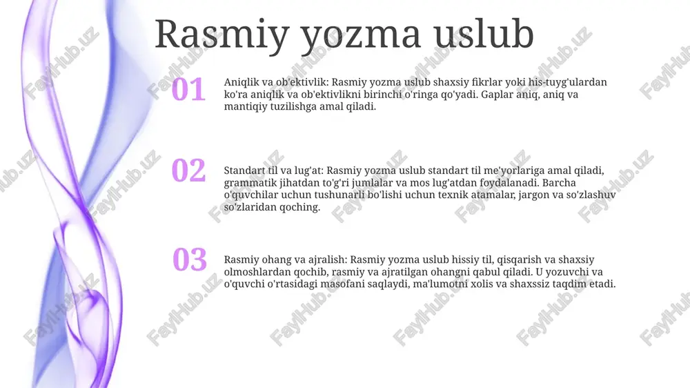 anbalarni keltiradi. rasmiy uslub:- rasmiy hujjatlarda qoʻllaniladigan rasmiy va hurmatli yozuv uslubi.- aniq va ixcham til bilan ajralib turadi, jargon va norasmiy iboralardan qochadi.- yozuv davomida bir xil ohangni saqlaydi. ularning òziga xos xususiyatlari:- harakat qilish uchun tanasini oʻraladi va qisqaradi.- tarozi bilan qoplangan segmentlangan tanasi bor.- oyoqlari va qoʻllari yoʻq, qorin tarozilarini harakatlanish uchun ishlatadi. e'tiboringiz uchun rahmat @taqdimot_robot image11.jpg image3.jpg image2.jpg /docprops/thumbnail.jpeg