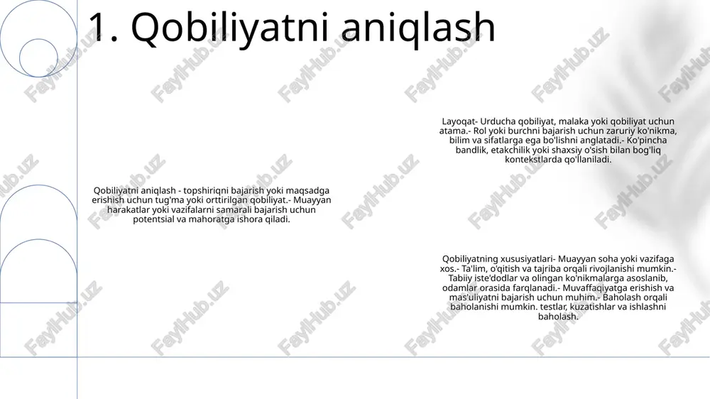 ro ta'sirlar va artefaktlarga asoslangan sub'ektiv baholarni taklif qiladi. o'z-o'zini baholash: o'z-o'zini aks ettirish va o'z-o'zini nazorat qilish odamlarga o'zlarining kuchli tomonlarini, zaif tomonlarini va rivojlanish salohiyatini baholashga imkon beradi. 3. qobiliyatlarni baholash ko'nikmalarni rivojlantirish: yangi qobiliyatlarga ega bo'lish va mavjudlarini ta'lim, amaliyot va tajriba orqali oshirish. iste'dodni rivojlantirish: maqsadli tadbirlar va imkoniyatlar orqali tug'ma qobiliyat va potentsialni aniqlash va rivojlantirish. layoqat (arabcha): ko‘nikma, qobiliyat va salohiyat, axloqiy va shaxsiy fazilatlarni o‘z ichiga olgan keng qamrovli tushuncha. 4. qobiliyatlarni rivojlantirish layoqat tafakkuri: o‘z salohiyatingizga ishoninglayoqat (qobiliyatlarni oshirish) har bir inson o‘z qobiliyatini rivojlantirish va mehnat, fidoyilik va doimiy takomillashtirish orqali muvaffaqiyatga erishish qobiliyatiga ega ekanligiga ishonchni ta’kidlaydigan tafakkurdir. yashirin iste’dodlarni ochish “layoqat” insonning o‘z imkoniyatlarini chegaralangan chegaralardan tashqari o‘rganishga undaydi. qiyinchiliklarni qabul qilish, qulaylik zonasidan chiqib ketish va fikr-mulohazalarni izlash orqali odamlar yashirin iste'dodlarni ochib, o'z imkoniyatlarini kengaytirishlari mumkin. o'sish va rivojlanishni tarbiyalashlayoqat o'rganish va o'sish madaniyatini tarbiyalaydi. bu maqsadlarni …