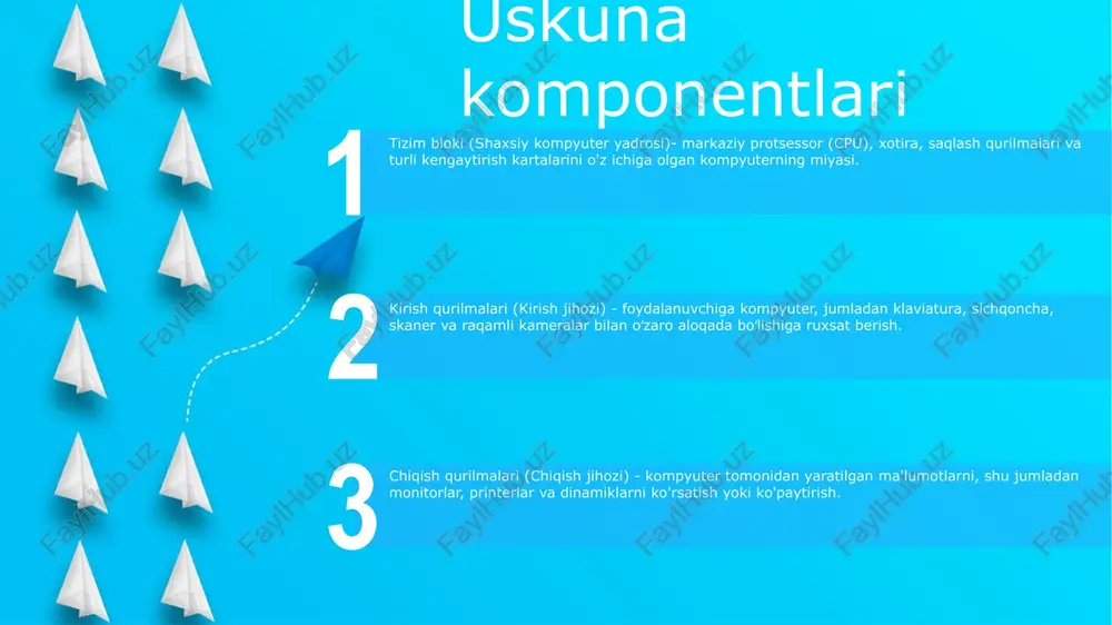 lari, kiritish qurilmalari (klaviatura va sichqoncha kabi) va chiqish qurilmalaridan (monitor va printer kabi) iborat. xotira (ram) markaziy protsessor: markaziy protsessor- kompyuterning ko'rsatmalarni bajarish va ma'lumotlarni qayta ishlash uchun mas'ul bo'lgan "miyasi".- hisob-kitoblarni amalga oshiradigan arifmetik mantiq birligi (alu) va dastur bajarilishini boshqaruvchi boshqaruv blokidan iborat. ram: tasodifiy kirish xotirasi- protsessor tomonidan hozirda qayta ishlanayotgan ma'lumotlar va ko'rsatmalarni saqlaydi.- tasodifiy kirish, ma'lumotni tez olish imkonini beradi.- o'zgaruvchan, ya'ni quvvat o'chirilganda ma'lumotlar yo'qoladi. qattiq disk: saqlash qurilmasi - operatsion tizim, ilovalar va fayllar kabi katta hajmdagi ma'lumotlarni saqlaydi. - o'zgaruvchan emas, ya'ni quvvat o'chirilgan bo'lsa ham ma'lumotlar saqlanib qoladi. saqlash qurilmalari saqlash qurilmalari:- maʼlumotlar va dasturlarni doimiy yoki vaqtincha saqlaydi.- turlarga qattiq disk drayvlar (hdd), qattiq holatdagi drayvlar (ssd) va optik disklar kiradi. xotira:- protsessor tomonidan hozirda qayta ishlanayotgan maʼlumotlar va koʻrsatmalarni saqlaydigan vaqtinchalik xotira.- saqlash qurilmalariga qaraganda tezroq, lekin quvvat yoʻqolganda maʼlumotlarni yoʻqotadi.- turlarga ram (tasodifiy kirish xotirasi) va rom …