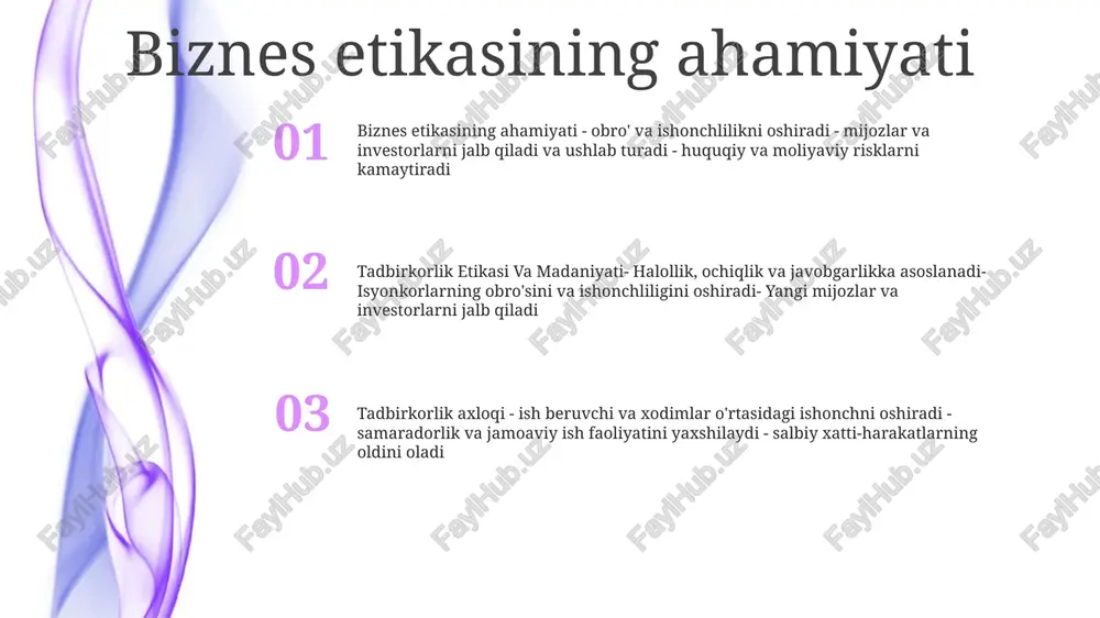 qilish uchun qulay muhit yaratadi axloqiy qarorlar qabul qilish axloqiy mulohazalar: qarorlarning axloqiy oqibatlarini tushunish tadbirkorlar uchun juda muhimdir. bu qadriyatlar o'rtasidagi mumkin bo'lgan ziddiyatlarni tan olish, manfaatdor tomonlar manfaatlarini muvozanatlash va huquqiy va me'yoriy bazalarga rioya qilishni o'z ichiga oladi. madaniy me'yorlarni hurmat qilish: turli madaniyatlarda ishlayotgan tadbirkorlar axloqiy me'yorlar va axloqiy relativizmni yodda tutishlari kerak. mahalliy urf-odatlar, e'tiqodlar va umidlarga mos keladigan biznes amaliyotlarini moslashtirish hurmatni namoyish etadi va manfaatdor tomonlar bilan ijobiy munosabatlarni rivojlantiradi. axloqiy madaniyatni shakllantirish: kuchli axloqiy madaniyatni shakllantirish biznesning barqaror rivojlanishi uchun zarurdir. bu axloqiy tamoyillar to'g'risida umumiy tushunchani yaratish, xodimlarga axloqiy tanlov qilish huquqini berish va butun tashkilotda javobgarlik va shaffoflikni ta'minlashni o'z ichiga oladi. axloqsiz xatti-harakatlarning oqibatlari obro'ga putur etkazish: axloqiy qoidabuzarliklar tashkilotning obro'si va ishonchiga putur etkazishi mumkin, bu esa mijozlar, hamkorlar va investorlarning ishonchini yo'qotishiga olib keladi. yuridik oqibatlar: axloqsiz xatti-harakatlar huquqbuzarlikning og'irligiga qarab qonuniy jazo, jarima yoki hatto qamoq …