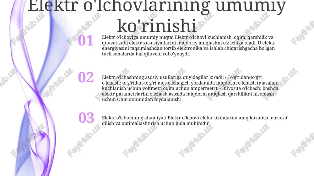 siy mos yozuvlar nuqtalari. - ular turli o'lchovlar bo'yicha izchillik va aniqlikni ta'minlaydi, ishonchli taqqoslash va kuzatish imkonini beradi. elektr òlchash (elektr o'lchovi):- elektr òlchash kuchlanish, oqim va qarshilik kabi elektr miqdorlarini o'lchashni o'z ichiga oladi xalqaro birliklar tizimi (si): - si xalqaro miqyosda qabul qilingan o'lchov standartlari tizimidir. - u ettita asosiy birlikdan, jumladan, metr, kilogramm va soniya va turli jismoniy miqdorlar uchun olingan birliklarni o'z ichiga oladi o'lchov ilovalari elektr òlchash sohasi:- elektrotexnika- energiya tizimlari- elektronika- asboblar- telekommunikatsiyalar- biotibbiyot muhandisligi o'lchov ilovalari: elektr òlchash- voltaj, oqim, qarshilik, sig'im va indüktans kabi elektr miqdorlarini aniqlang.- elektr zanjirlari, tizimlari va komponentlarini tahlil qiling.- elektr jarayonlari va jihozlarini kuzatib boring va nazorat qiling.- elektr nosozliklarini tashxislash va muammolarni bartaraf etish. elektr òlchash afzalliklari: - aniq va ishonchli o'lchovlar - kengaytirilgan xavfsizlik va ishonchlilik - optimallashtirilgan ishlash - xizmat xarajatlarini kamaytirish - samaradorlikni oshirish e'tiboringiz uchun rahmat @taqdimot_robot image11.jpg image3.jpg image2.jpg /docprops/thumbnail.jpeg