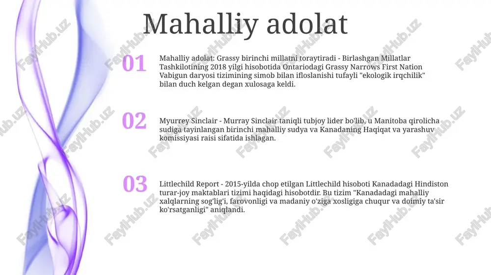 i. kanada haqiqat va yarashuv komissiyasi (trc) raisi myurrey sinkler tergov hisobotida 94 ta harakatga chaqiriqni e'lon qildi yo'qolgan va o'ldirilgan mahalliy ayollar va qizlar mmiwg: yo'qolgan va o'ldirilgan mahalliy ayollar va qizlar littlechild: kanadada bedarak yo'qolgan va o'ldirilgan mahalliy ayollar va qizlar bo'yicha milliy tergov hisobot: 2019-yilda chop etilgan littlechild tadqiqotining yakuniy hisobotida tubjoy ayollar va qizlarga nisbatan zo‘ravonlik inqirozini hal qilish uchun 231 ta “adolatga chaqiriqlar” mavjud. turar joy maktablari littlechild hisoboti: 2015 yilda chop etilgan littlechild hisoboti trcning yakuniy hisoboti edi. unda 94 ta tavsiyalar, jumladan, haqiqat va yarashuv milliy markazini tashkil etish va kanada bosh vazirining turar joy maktablari tizimi uchun uzr so‘rashi bor edi. haqiqat va yarashuv komissiyasi: kanada haqiqat va yarashuv komissiyasi (trc) 2008 yilda turar joy maktablari tizimining tarixi va merosini hujjatlashtirish hamda kanadadagi tubjoy va mahalliy bo'lmagan xalqlar o'rtasidagi yarashuvga ko'maklashish uchun tashkil etilgan. adliya myurrey sinkler: adliya myurrey sinkler trc raisi …