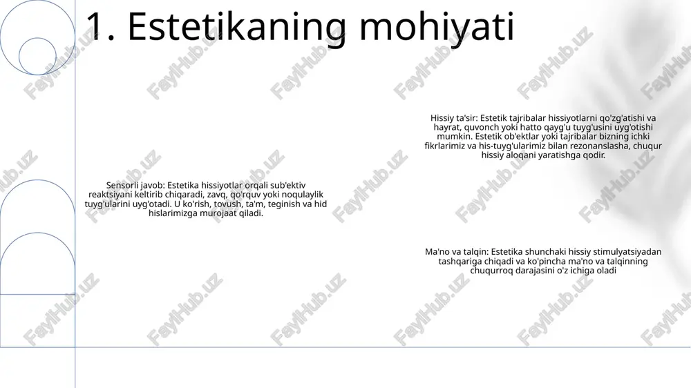 xabarlarni etkazish va chuqur javoblarni uyg'otish imkonini beradi. go‘zallikning tabiatdagi o‘rni: tabiat go‘zalligi uyg‘un manzaralar, murakkab naqshlar va jonli ranglarda namoyon bo‘ladi. bu hayrat tuyg'usini uyg'otadi, ilmiy izlanishlarga ilhomlantiradi va tabiat olamining mo''jizalarini qadrlashga undaydi. go'zallikning hayotdagi o'rni: go'zallik ob'ektlarning estetik jozibasidan tortib, odamlar o'rtasidagi uyg'un munosabatlargacha bo'lgan kundalik tajribalarni qamrab oladi. bu bizning hayotimizni boyitadi, baxtni ilhomlantiradi va amaliy va ma'naviy ehtiyojlarimizni muvozanatlashtirib, umumiy farovonlikka hissa qo'shadi. 4. go'zallikning san'at, tabiat va hayotdagi o'rni estetik qadrlashning kelib chiqishi: antik davrdan ma'rifatgacha - aflotun va aristotel kabi qadimgi yunon faylasuflari birinchi navbatda go'zallikning axloqiy o'lchovlariga murojaat qilib, uni fazilat va uyg'unlik bilan bog'ladilar. - uyg'onish davrida gumanizm va individualizm e'tiborning sub'ektiv tajribaga o'zgarishiga ta'sir qildi estetikaning axloqiy oqibatlariga zamonaviy nuqtai nazarlar- 20-asrda turli xil nazariyalar, jumladan, formalizm, ekspressivizm va poststrukturizm paydo bo'ldi.- formalizm estetik qadriyat ob'ektning rasmiy sifatlarida yotadi, deb ta'kidlaydi.- ekspressivizm rassomning emosionalligini ta'kidlaydi. va niyatlar estetik qadriyatning asosiy …