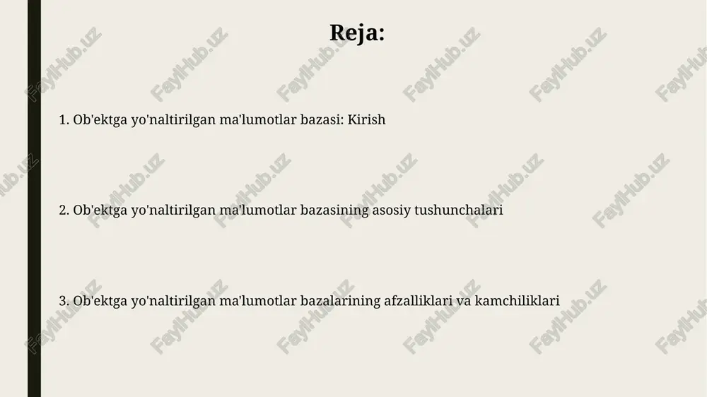 yatlarni qo'shadi, meros, polimorfizm va ob'ekt identifikatorlarini qo'llab-quvvatlaydi, bu esa murakkab so'rovlarni 3-darajali murakkablikda soddalashtiradi. ob'ektga yo'naltirilgan ma'lumotlar bazalarida murakkab ma'lumotlar turlarini boshqarish ob'ektga yo'naltirilgan ma'lumotlar bazalari 1:1, 1:n va n:m kabi munosabatlar uchun murakkab turlarni qo'llab-quvvatlaydi, bu esa turli ob'ektlar o'rtasidagi aloqalarni samarali boshqarish imkonini beradi. meroslash mexanizmi murakkab ma'lumotlar turlarini boshqarishda katta rol o'ynaydi, bunda yangi ob'ektlar mavjud ob'ektlarning xususiyatlari va usullarini meros qilib olish orqali kodning takrorlanishini kamaytiradi. amaliy qo'llanilish sohalari va kelajak tendentsiyalari ob'ektga yo'naltirilgan ma'lumotlar bazalari murakkab ma'lumotlar tuzilmalarini boshqarish uchun muhandislik dizaynida qo'llaniladi, bunda 3d modellar va simulyatsiya ma'lumotlari saqlanadi. biologiya sohasida genetik ma'lumotlar va molekulyar tuzilmalarni modellashtirish uchun foydalaniladi, bu erda katta hajmdagi ma'lumotlar va murakkab o'zaro aloqalar mavjud bo'lib, ularni 2028 yilga qadar yaxshilash kutilmoqda. e'tiboringiz uchun rahmat image1.png image2.jpg image3.jpg image4.jpg image5.jpg image6.jpg image7.jpg