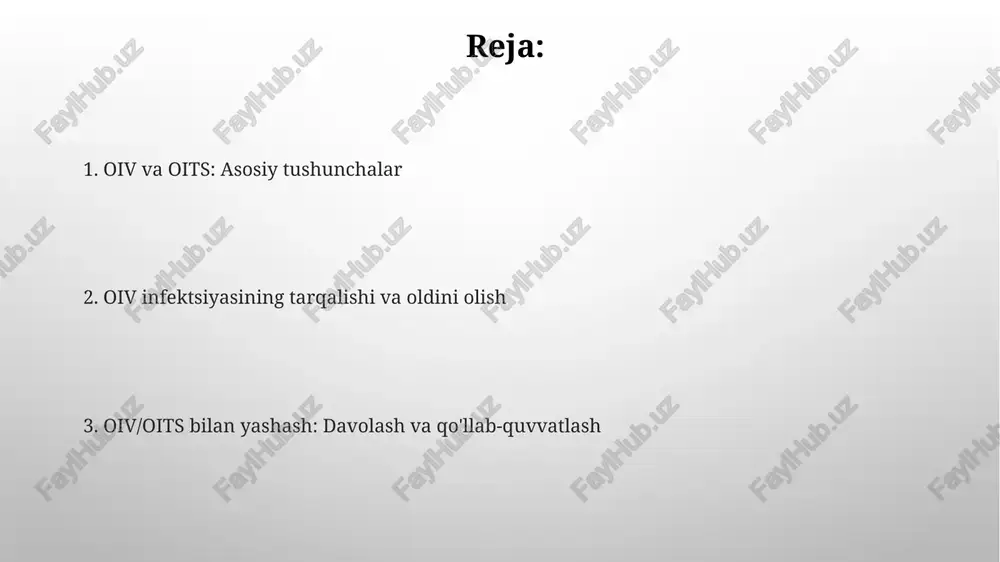 a infektsiya va yangi tug'ilgan chaqaloqlarda diagnostika uchun muhim. oivga qarshi davolash (art): maqsadi va usullari artning maqsadi - oiv miqdorini (virus yukini) aniqlanmaydigan darajaga tushirish, cd4 hujayralari sonini tiklash va opportunistik infektsiyalarning oldini olish. art odatda kamida uchta turli xil antiretrovirus dorilarni o'z ichiga oladi, ular oivning hayot siklining turli bosqichlariga ta'sir etib, replikatsiyasini to'xtatadi. artning afzalliklari va nojo'ya ta'sirlari art (antiretrovirus terapiya) virus yukini 20-75 kopiyagacha kamaytirib, cd4 hujayralari sonini oshiradi, bu esa opportunistik infektsiyalarning oldini oladi. artning afzalliklari orasida oiv infeksiyasini nazorat qilish, hayot sifatini yaxshilash va oivni boshqa odamlarga yuqtirish xavfini 96% ga kamaytirish kiradi. oiv bilan yashovchi odamlarni qo'llab-quvvatlash va parvarishlash oiv bilan yashovchi odamlarni qo'llab-quvvatlash hayot sifatini yaxshilash uchun psixologik maslahat va ijtimoiy xizmatlarni o'z ichiga oladi, bu esa stigmatizatsiyani kamaytiradi. dori-darmonlarni (arv) qabul qilish va tibbiy ko'rikdan o'tish oiv bilan yashovchi odamlarni parvarishlashning muhim qismidir, chunki virus yukini nazorat qilish muhim ahamiyatga ega. …