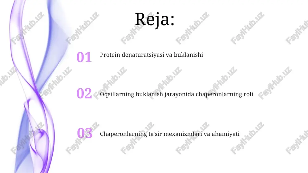 bosqich) alfa spiral va beta burmalari kabi mahalliy tuzilmalar hosil bo'ladi, bu vodorod bog'lari orqali polipeptid zanjirining orqa qismida barqarorlashadi. oqsillar katlanishining 1-bosqichi birlamchi tuzilishdan boshlanadi, aminokislotalar peptid bog'lar orqali ketma-ket bog'langan holda polipeptid zanjirini hosil qiladi. energiya funneli konsepsiyasi energiya voronkasi konsepsiyasi oqsillarning 3d tuzilishga erishish jarayonini tasvirlaydi, bunda yuqori energiyali, tartibsiz holatlardan past energiyali, nativ holatga yo'nalish ko'rsatiladi. voronka sirtining shakli qanday oqsil katlanish yo'llari mavjudligini ko'rsatadi: keng voronka tez katlanishni, tor voronka esa sekin katlanishni anglatadi, 10^ -3 sekunddan ko'p bo'lishi mumkin. noto'g'ri folding va agregatsiya noto'g'ri buklanish, proteinlar funktsiyasini yo'qotishiga olib keladi, 70% holatlarda agregatlar hosil qiladi va bu hujayra uchun toksik bo'lishi mumkin. agregatsiya, bir nechta noto'g'ri buklangan proteinlar bir-biriga yopishib qolishi, katta erimaydigan tuzilmalarni, jumladan amiloid fibrillalarni hosil qilishi mumkin. chaperonlar: kirish va turlari hsp70 chaperonlari, taxminan 70 kda molekulyar og'irlikka ega, atp gidrolizi orqali oqsillarga bog'lanadi va buklanish jarayonida ularni barqarorlashtiradi. chaperonlar oqsillarning …