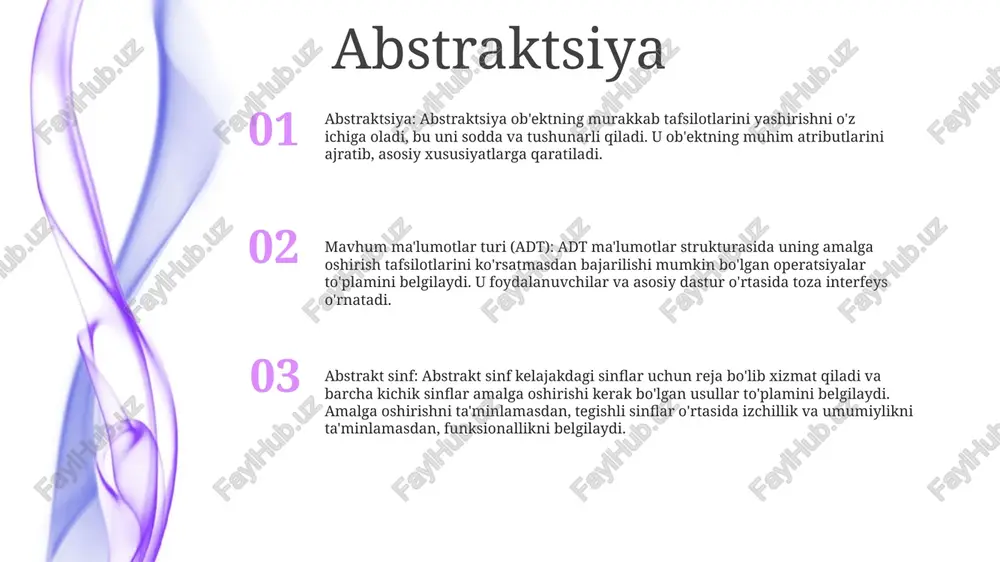 an, imo-ishorali cho'tka va katta rasmlardan foydalanish bilan tavsiflanadi. xulosa: taniqli ob'ektlar yoki sahnalarni tasvirlamaydigan san'at, aksincha, his-tuyg'ular va g'oyalarni chiziq, rang va shakldan foydalanish orqali ifodalashga qaratilgan. abstrakt fikr mavhum fikrlash: aniq misollarga tayanmasdan tushunchalar va g'oyalar haqida fikr yuritishni o'z ichiga olgan yuqori darajadagi kognitiv jarayon. bu odamlarga mulohaza yuritish, muammolarni hal qilish va umumlashtirish imkonini beradi. annotatsiya: tadqiqot maqolasi, maqola yoki kitobning qisqacha xulosasi. u odatda muammo bayoni, metodologiyasi, asosiy topilmalar va ixcham formatdagi asl ishning xulosalarini o'z ichiga oladi. mavhum san'at: haqiqiy dunyodan hech qanday taniqli ob'ektlar yoki sahnalarni aks ettirmaydigan san'at. u his-tuyg'ularni, g'oyalarni va mavhum tushunchalarni chiziqlar, ranglar, shakllar va to'qimalardan foydalanish orqali ifodalashga qaratilgan. abstrakt tushunchalar xulosa:- kattaroq ishning qisqacha xulosasi, ko'pincha tadqiqot ishi yoki maqolasi, unda asosiy topilmalar va dalillarning qisqacha ko'rinishi keltirilgan. mavhum tushunchalar: - sevgi, adolat yoki matematik tushunchalar kabi his-tuyg'ular orqali bevosita kuzatish yoki boshdan kechirish mumkin bo'lmagan nomoddiy …