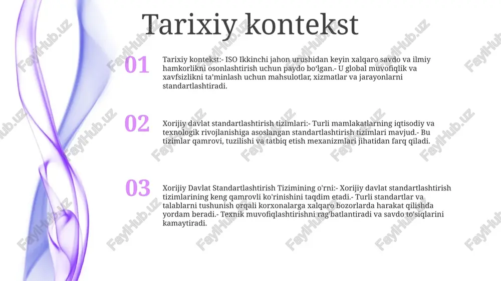 ni osonlashtiradi. xalqaro savdoda standartlashtirish:xorijiy davlat standartlashtirish tizimi (xdst) xalqaro miqyosda mahsulot va xizmatlarni standartlashtirish, savdoni osonlashtirish va texnik toʻsiqlarni kamaytirishda hal qiluvchi rol oʻynaydi. xdstning eksportdagi ahamiyati:xdst sertifikati xalqaro standartlarga muvofiqligini, o‘zbekiston mahsulotlarining tashqi bozorlarda ishonchliligi va raqobatbardoshligini oshirish, eksport va umumiy iqtisodiy o‘sishni oshirishni ko‘rsatadi. aqsh tizimidan farqlari 1: tartibga solish yondashuvi aqsh tizimi ixtiyoriy standartlar va o'z-o'zini sertifikatlashni ta'kidlaydi. xds asosan hukumat tomonidan belgilangan standartlarga va majburiy sertifikatlashga tayanadi. 2: standartlashtirish doirasi aqsh tizimi sanoat va mahsulotlarning keng doirasini qamrab oladi. xds birinchi navbatda asosiy xavfsizlik va sifat jihatlariga e'tibor qaratadi. 3: majburlash mexanizmlari aqsh tizimi talablarga rioya qilishni rag'batlantirish uchun bozor kuchlari va jamiyat bosimiga tayanadi. xds qat'iy ijro mexanizmlariga ega, jumladan, jarimalar va sanktsiyalar. sertifikatlash jarayonlari xorijiy davlat standartlashtirish tizimi (xdst)xdst sertifikatlashtirish jarayoni oʻzbekistondan eksport qilinadigan mahsulot va xizmatlar sifati va xavfsizligini taʼminlash uchun ixtiyoriy sertifikatlashtirish tizimini tashkil etadi. sertifikatlash ixtiyoriy, ammo bozorga kirish va …